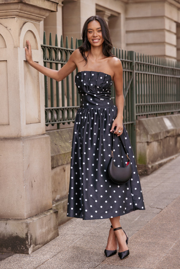 Petal and Pup USA DRESSES Kimbra Strapless Midi Dress - Black Polka Dot