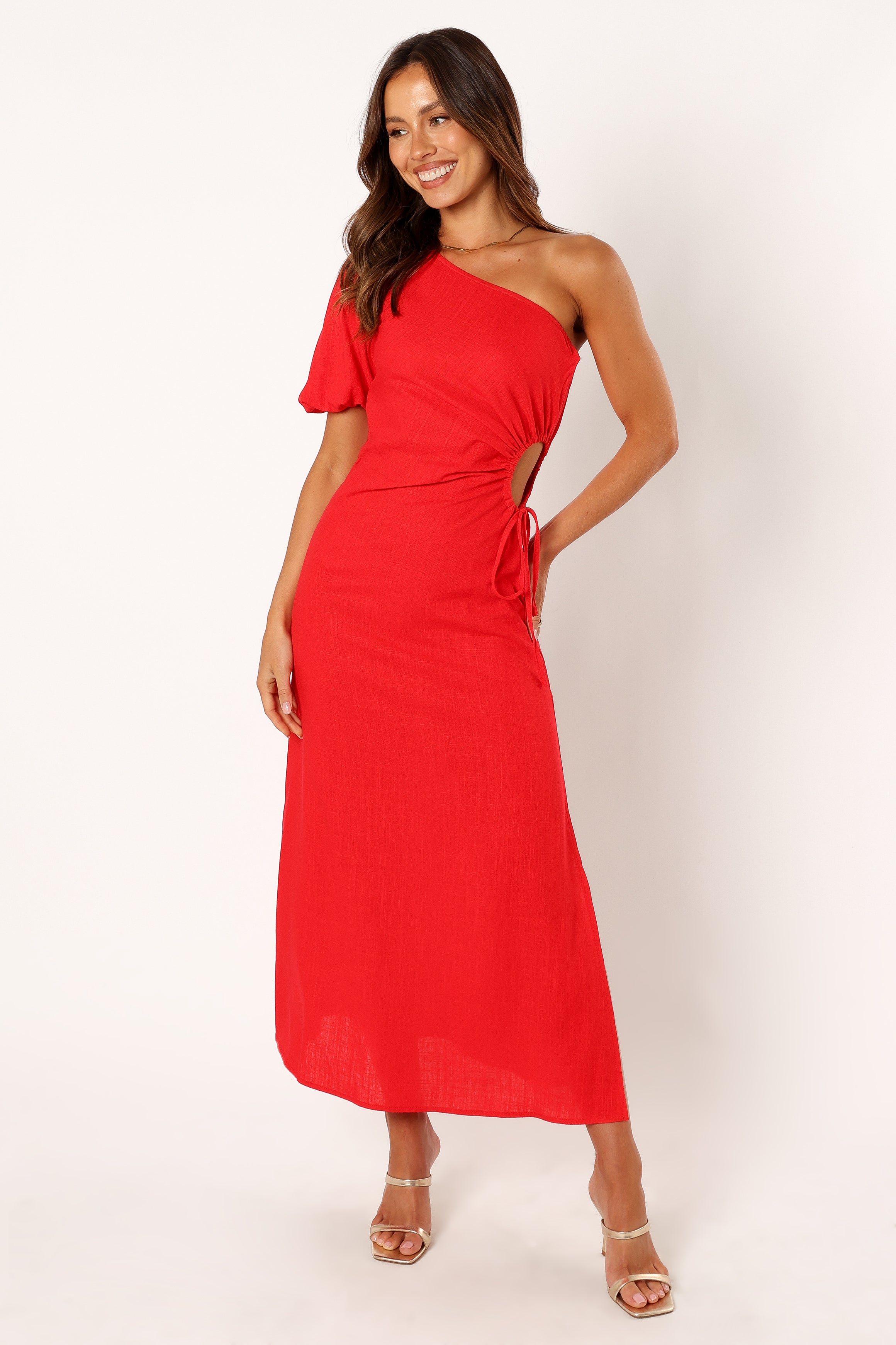 One shoulder red midi dress best sale