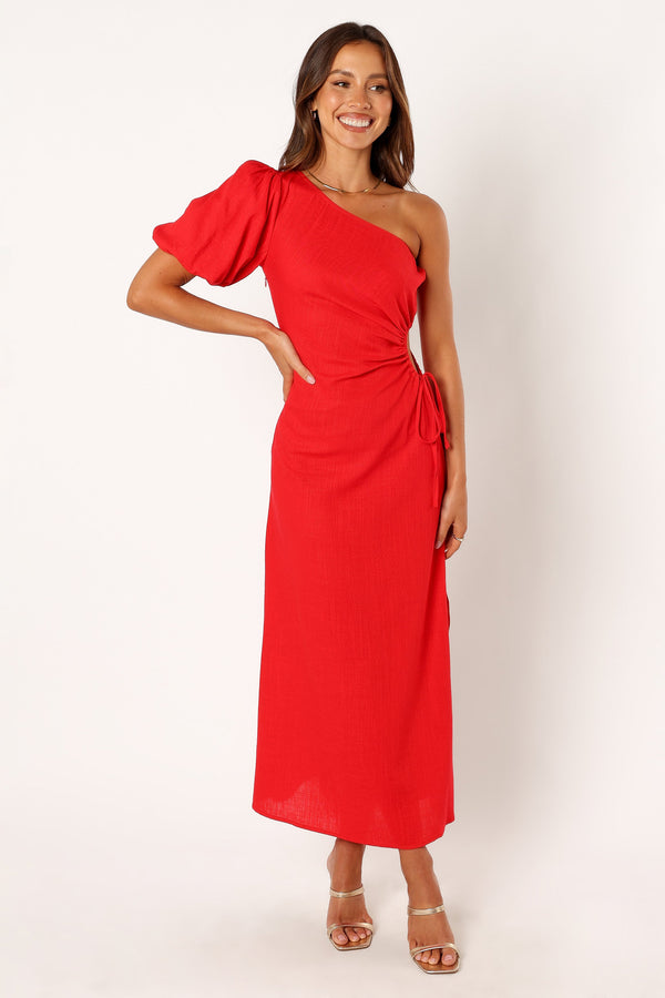 Petal and Pup USA DRESSES Kimmie One Shoulder Cut Out Midi Dress - Red