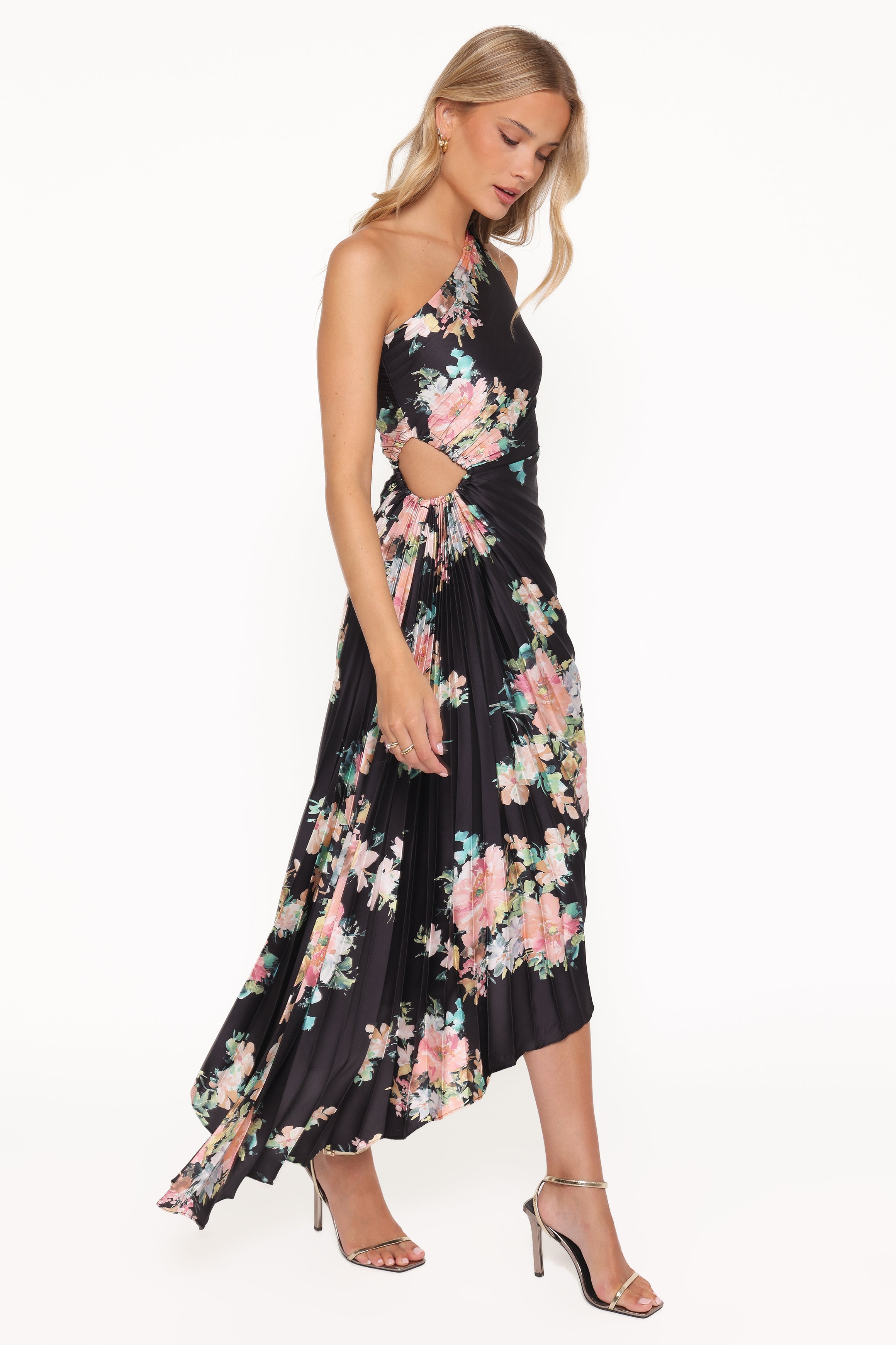 Petal and Pup USA DRESSES Kleo One Shoulder Maxi Dress - Black Floral
