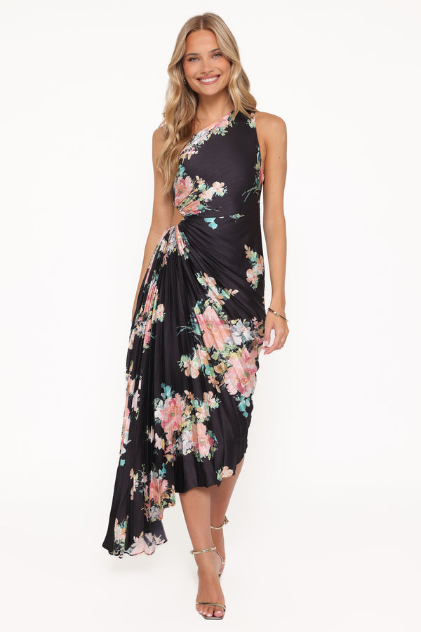 Petal and Pup USA DRESSES Kleo One Shoulder Maxi Dress - Black Floral