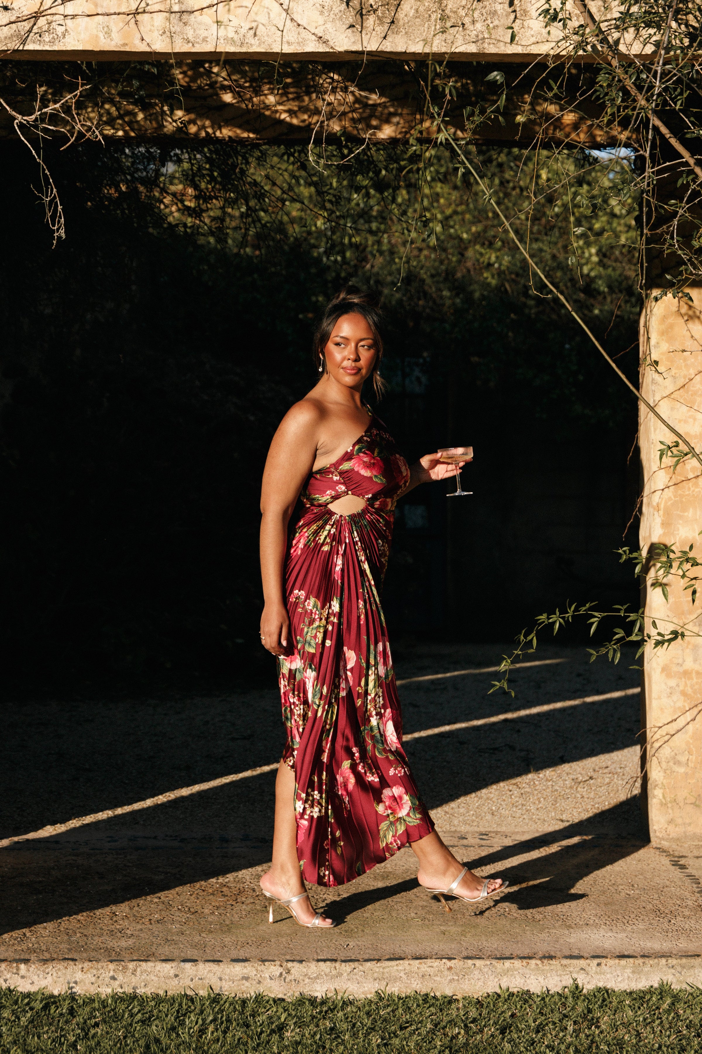 Petal and Pup USA DRESSES Kleo One Shoulder Maxi Dress - Burgundy Floral