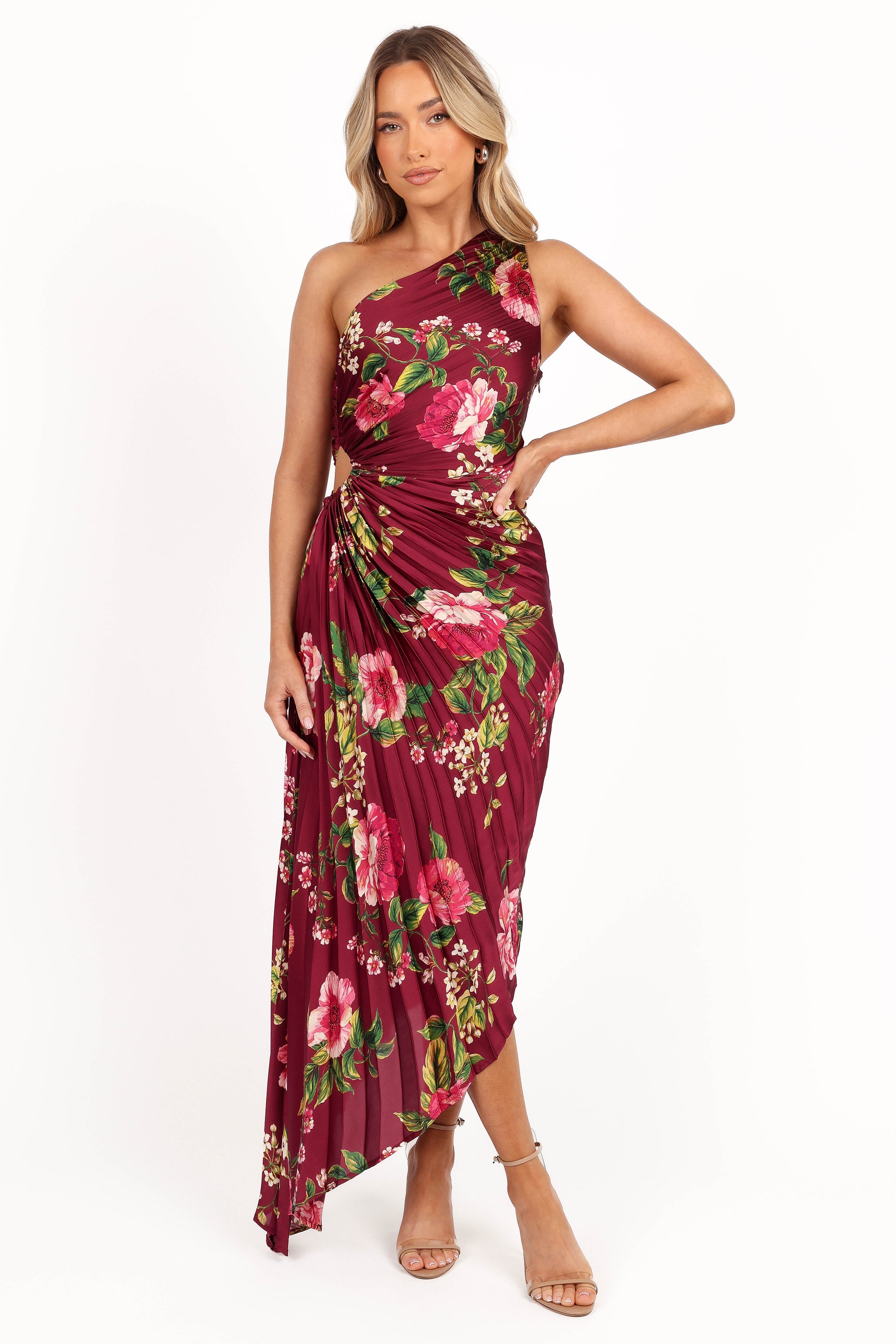 Petal and Pup USA DRESSES Kleo One Shoulder Maxi Dress - Burgundy Floral