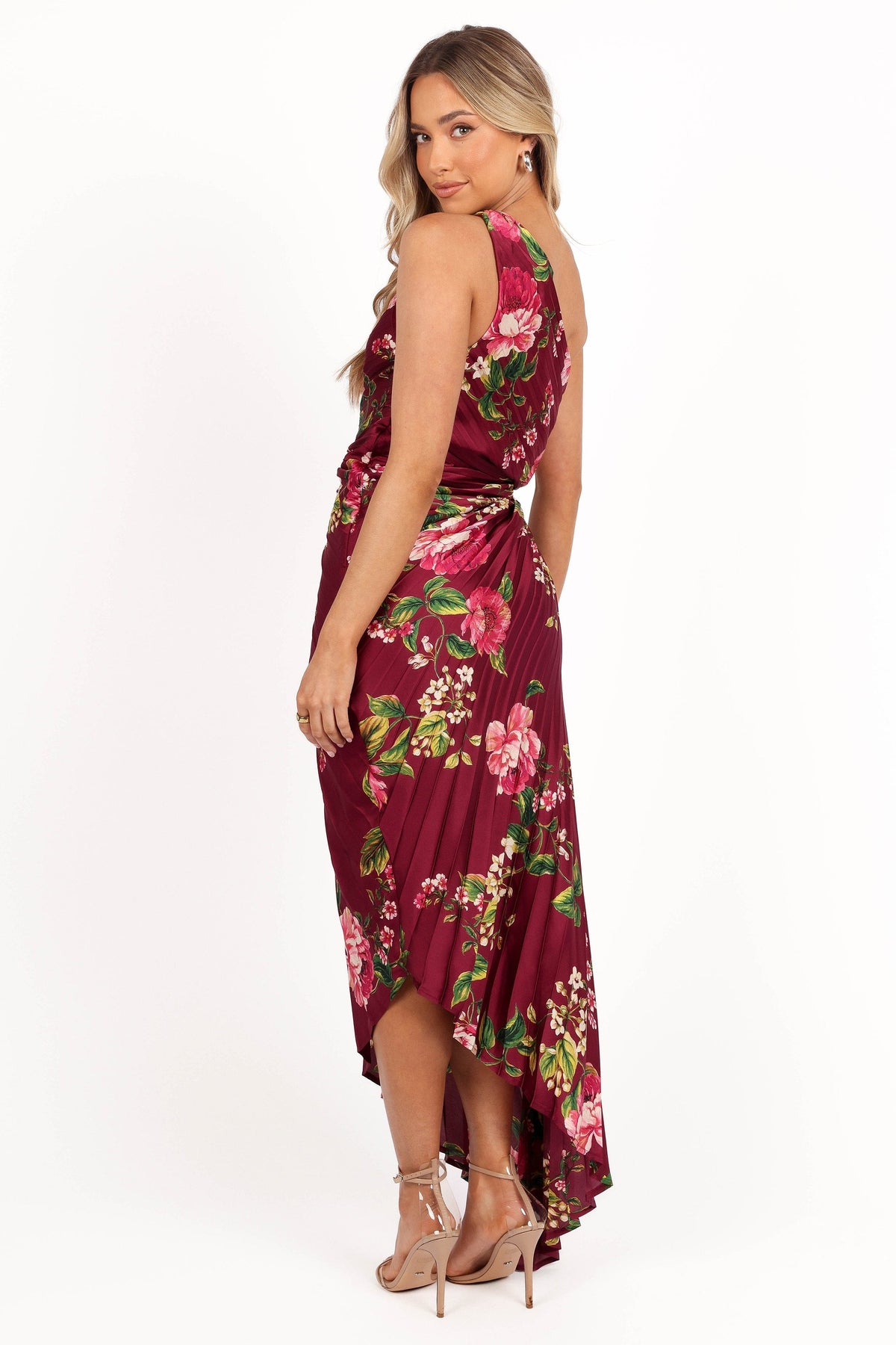 burgundy floral wedding guest dress Petal and Pup Kleo One Shoulder Maxi Dress