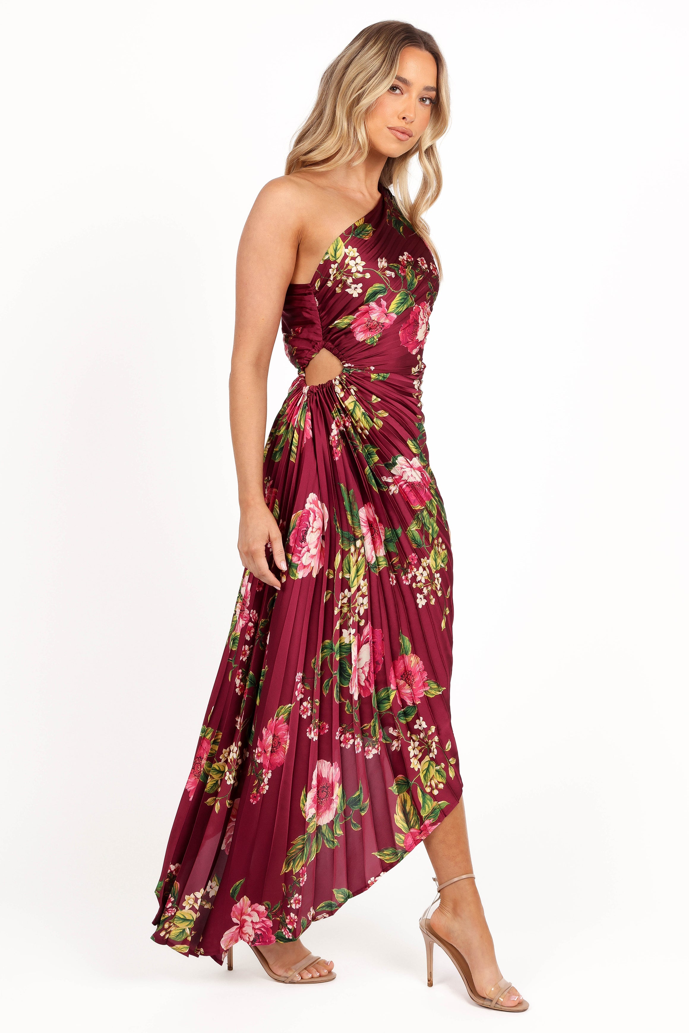 Petal and Pup USA DRESSES Kleo One Shoulder Maxi Dress - Burgundy Floral