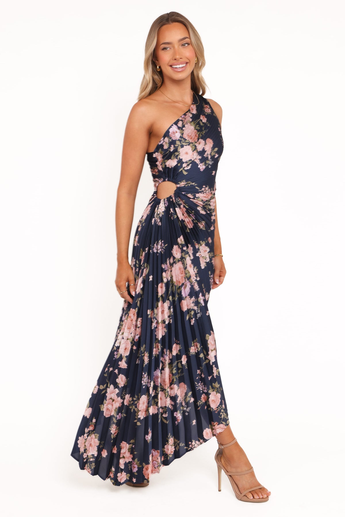 kleo one shoulder pleated maxi dress Kleo One Shoulder Maxi Dress - Navy Floral