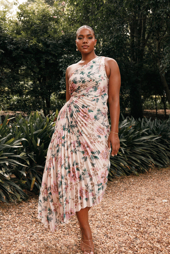 Kleo One Shoulder Maxi Dress Pink Floral Petal Pup USA