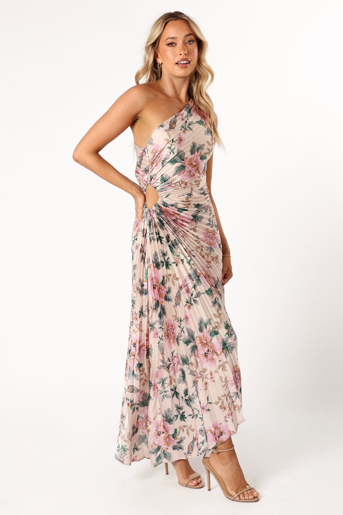 pink floral print chiffon one shoulder draped bodycon dress Stephanie One Shoulder Draped Top Floral Dress