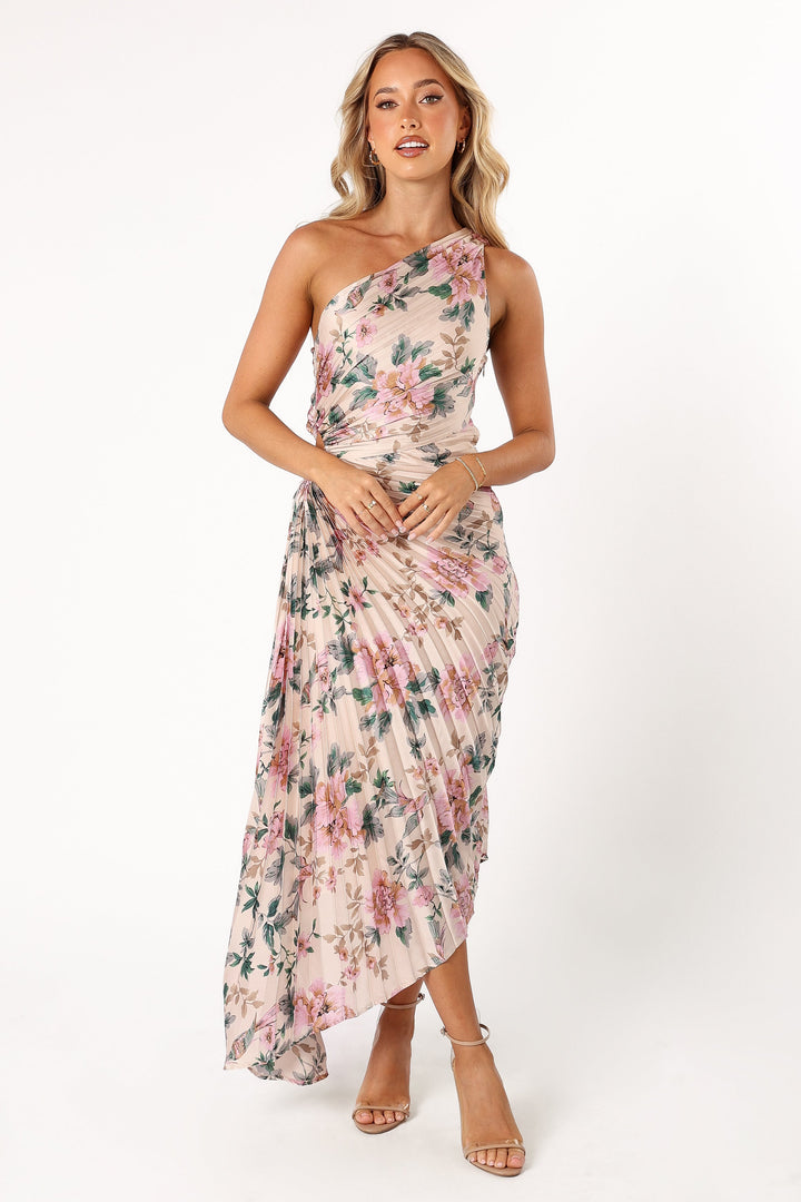 Vivid Visions Floral Print Pleated One Shoulder Sleeve Swing Mini Dress