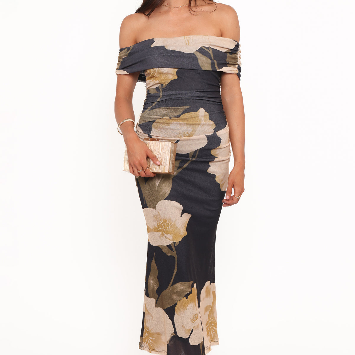 off the shoulder floral bodycon dress Koda Off Shoulder Midi Dress - Black Floral