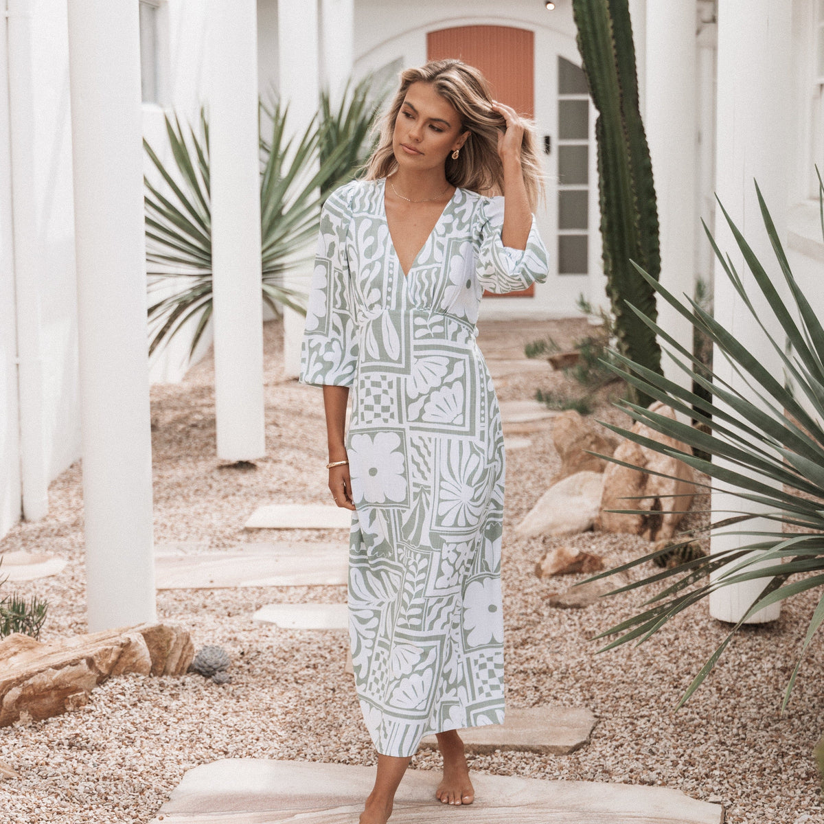 knee length dresses for ladies Vibrant Blue & Ivory Cotton Tropical Print Midi Dress - All Dresses main image 0