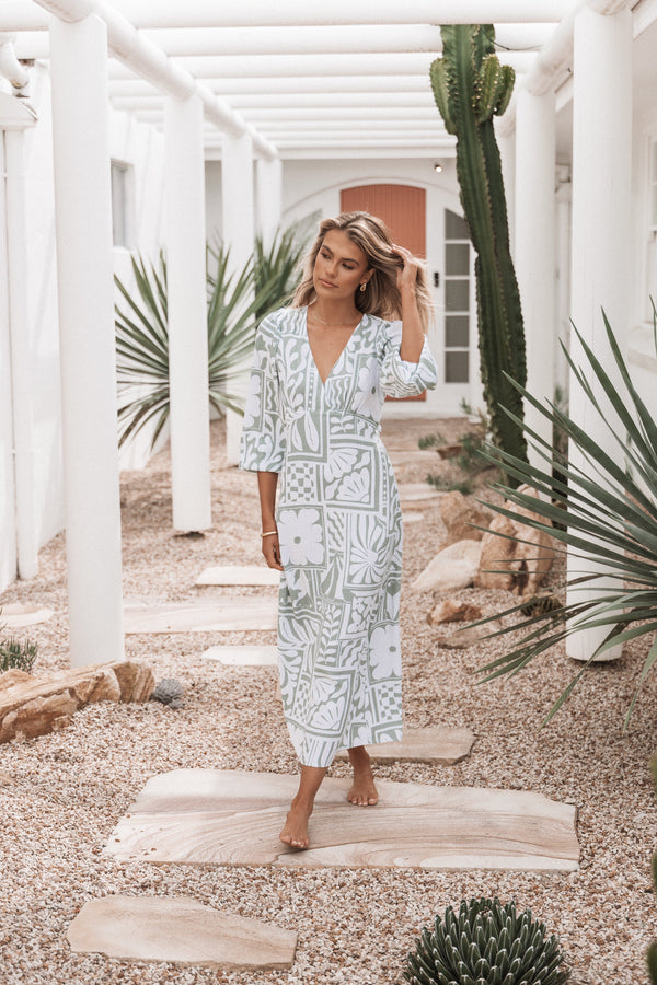 Petal and Pup USA DRESSES Kolby Long Sleeve Midi Dress - Sage Print