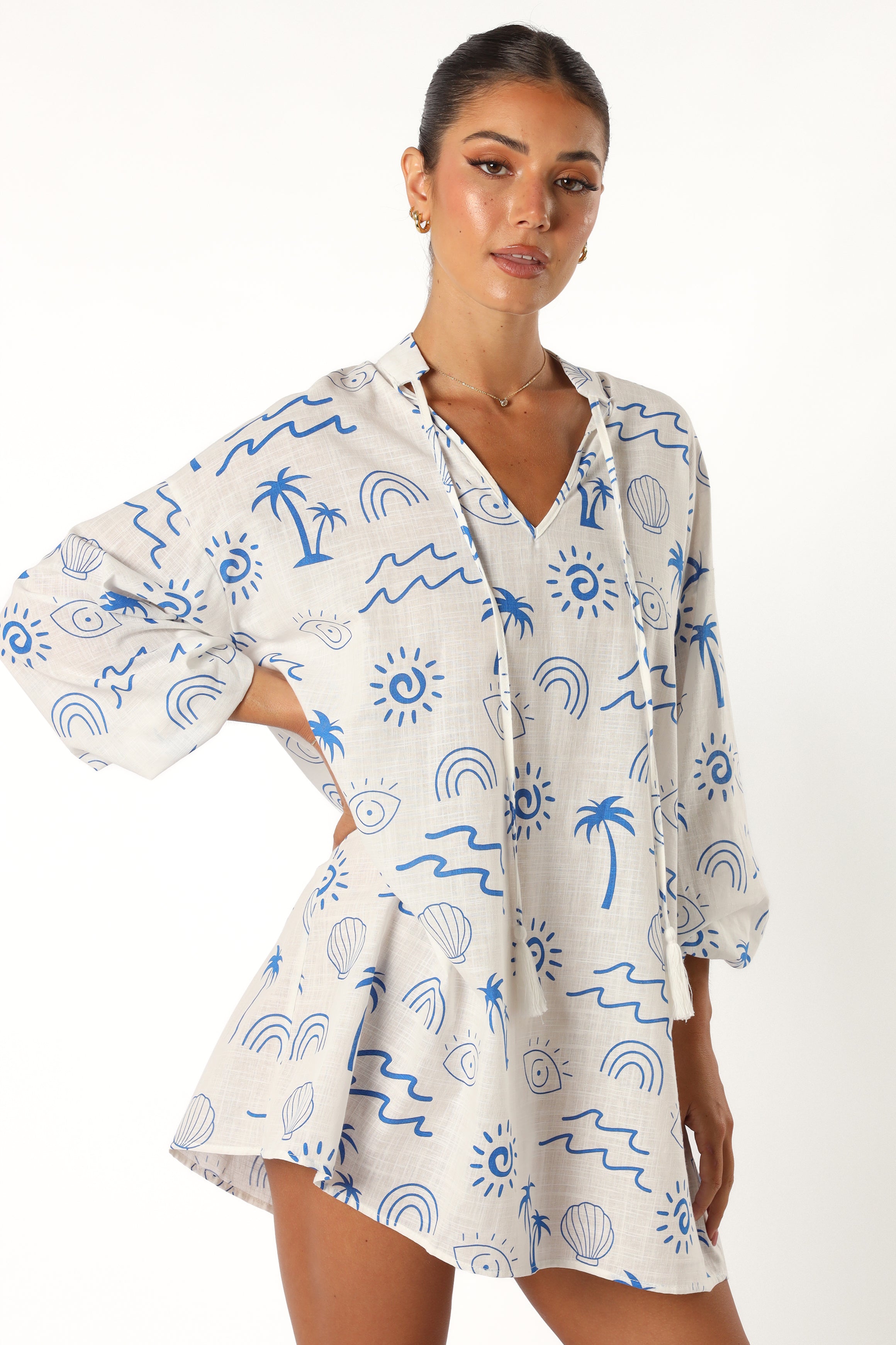 Petal and Pup USA DRESSES Laila Long Sleeve Linen Mini Dress - White Blue