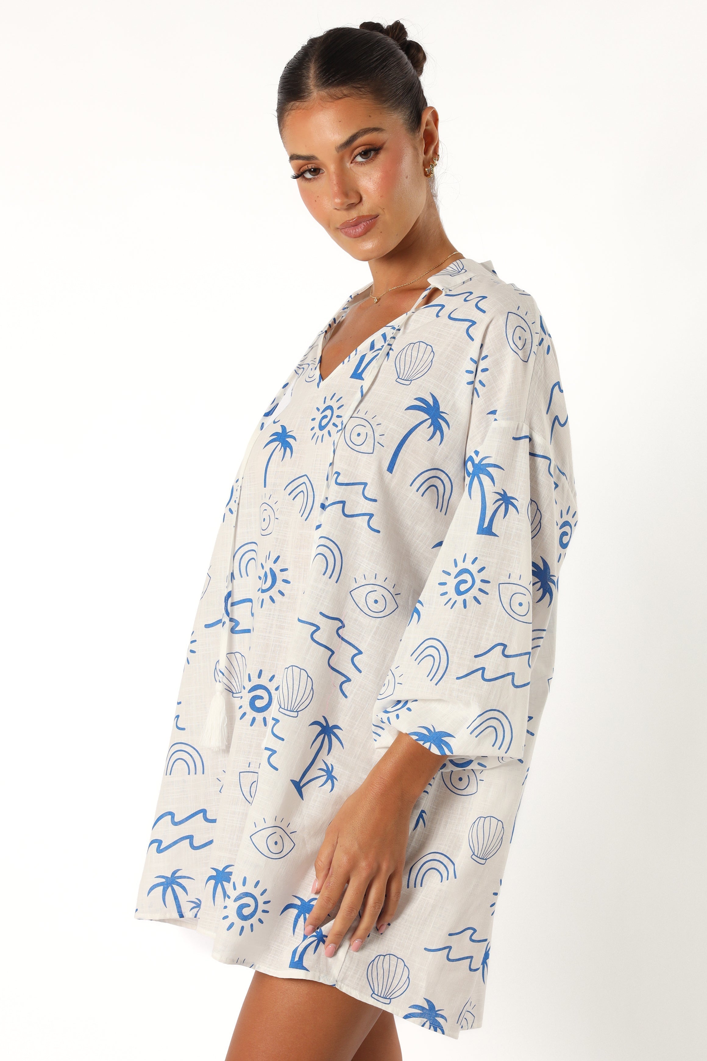 Petal and Pup USA DRESSES Laila Long Sleeve Linen Mini Dress - White Blue