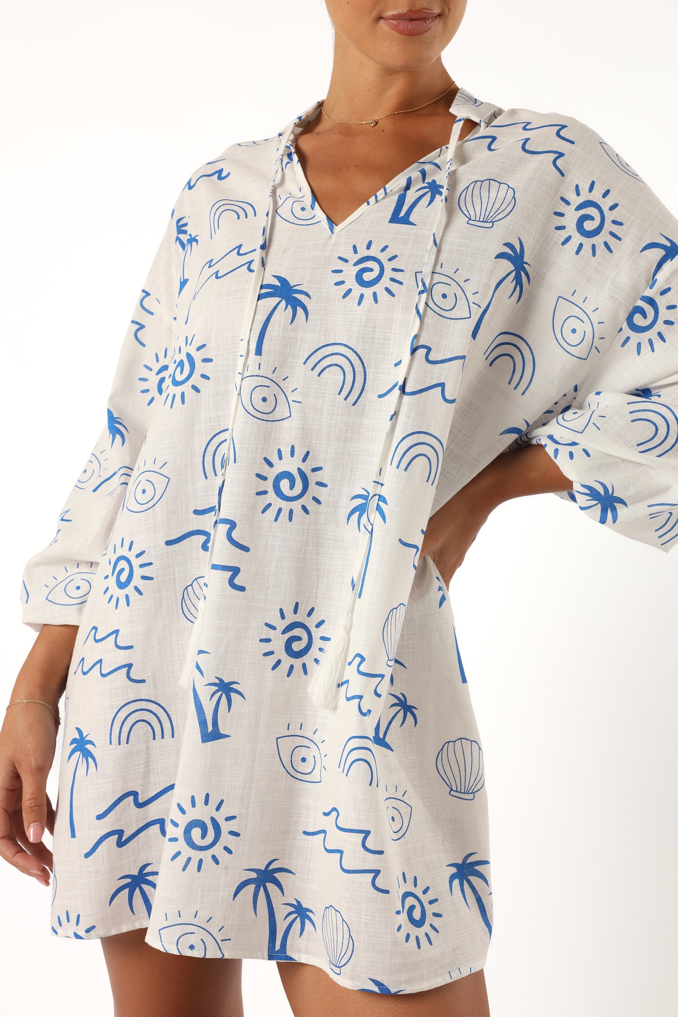 Petal and Pup USA DRESSES Laila Long Sleeve Linen Mini Dress - White Blue