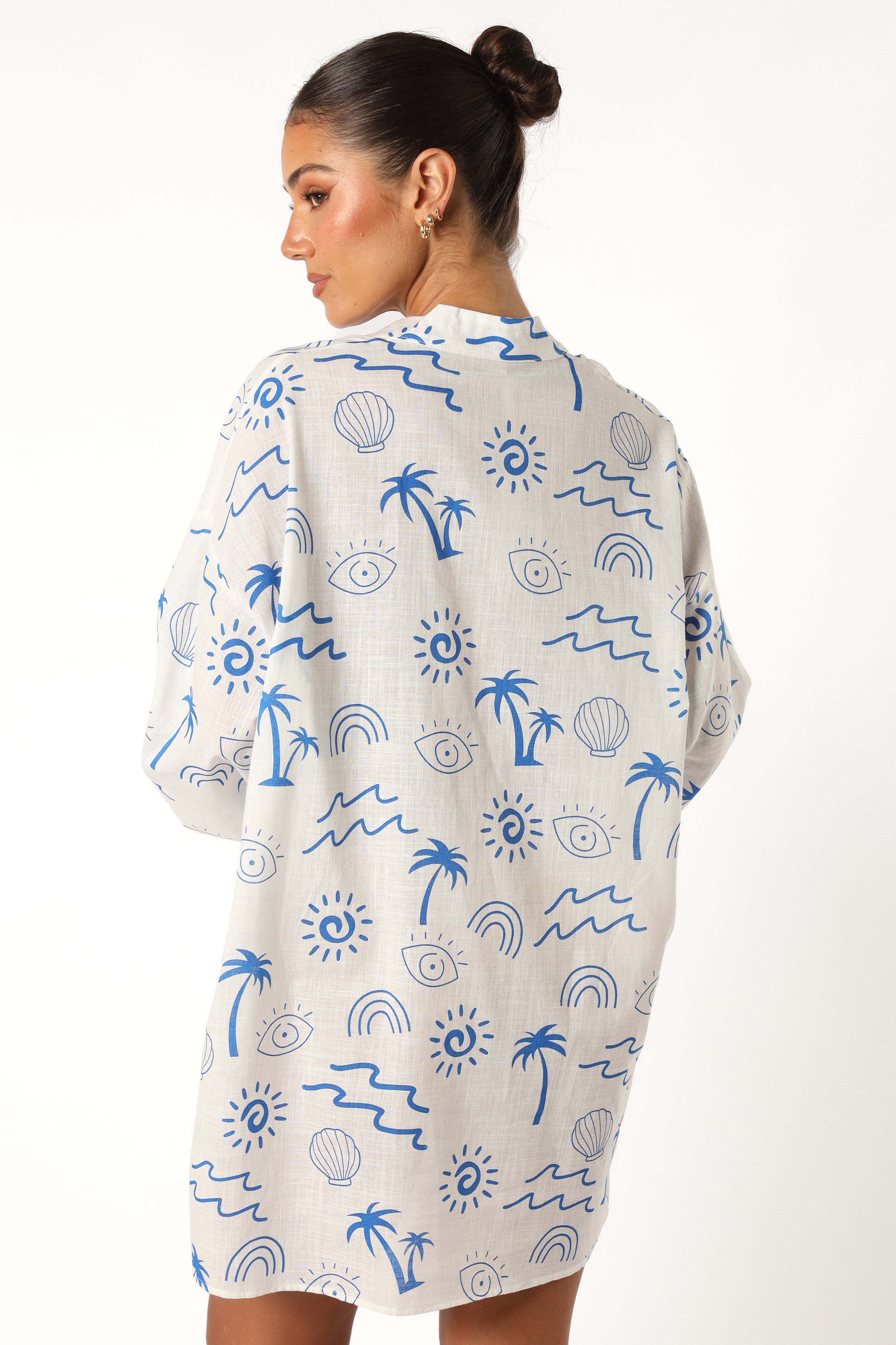 Petal and Pup USA DRESSES Laila Long Sleeve Linen Mini Dress - White Blue