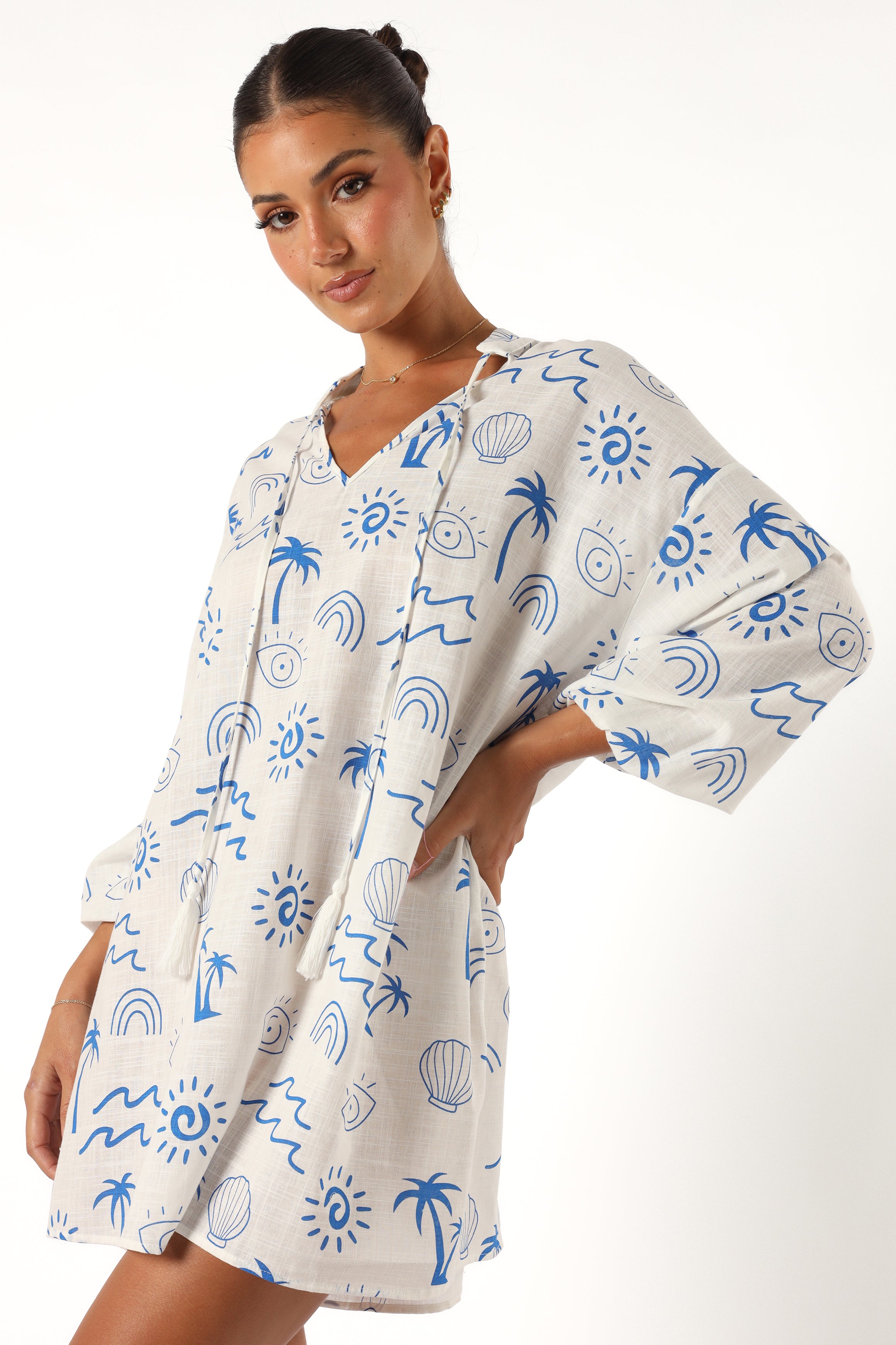 Petal and Pup USA DRESSES Laila Long Sleeve Linen Mini Dress - White Blue