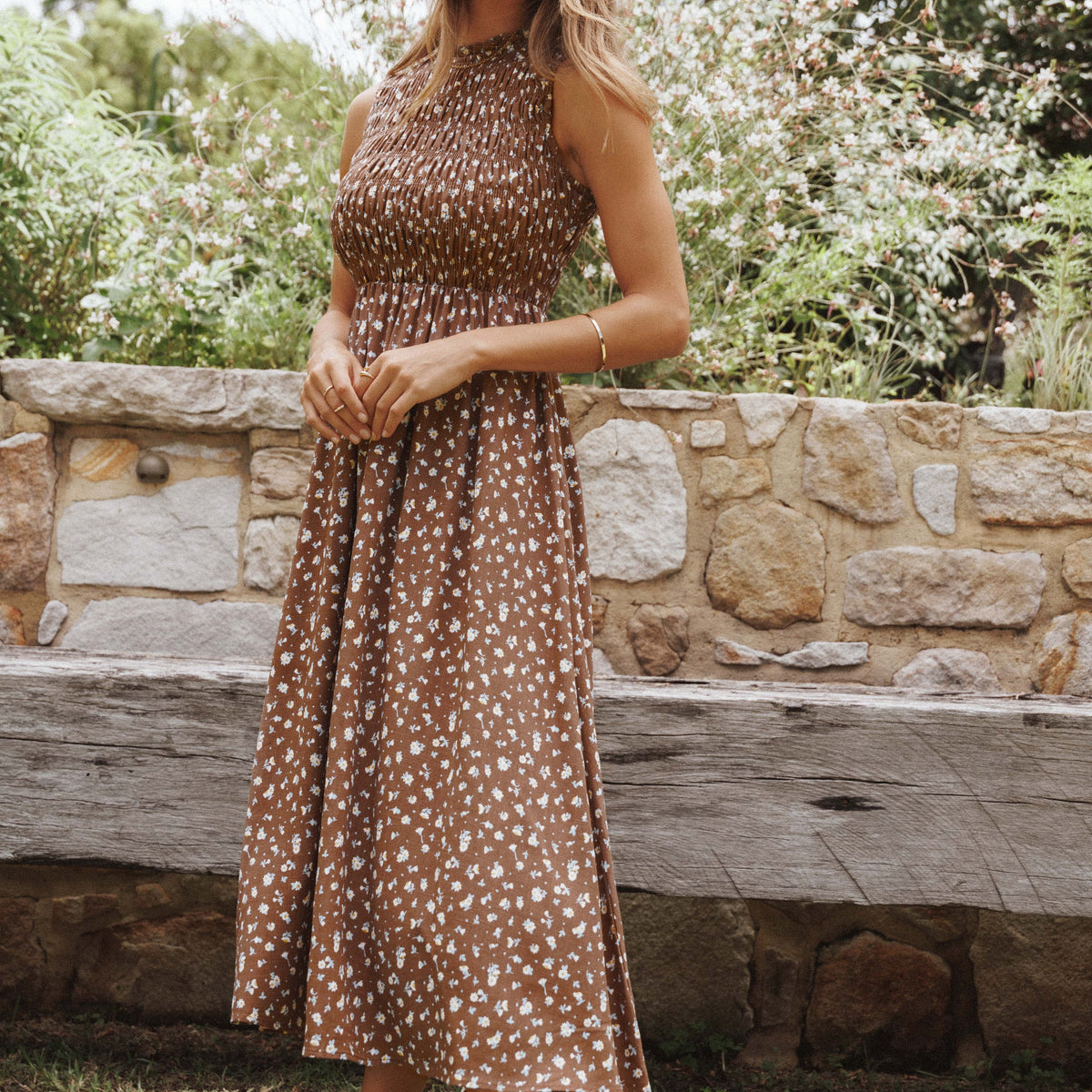 brown patterned dress Floral Puff Sleeve Midi | Womens | Small (Available in XS, M) | 100% Polyester Do Not Bleach Gaia Floral Burnout Midi Dress