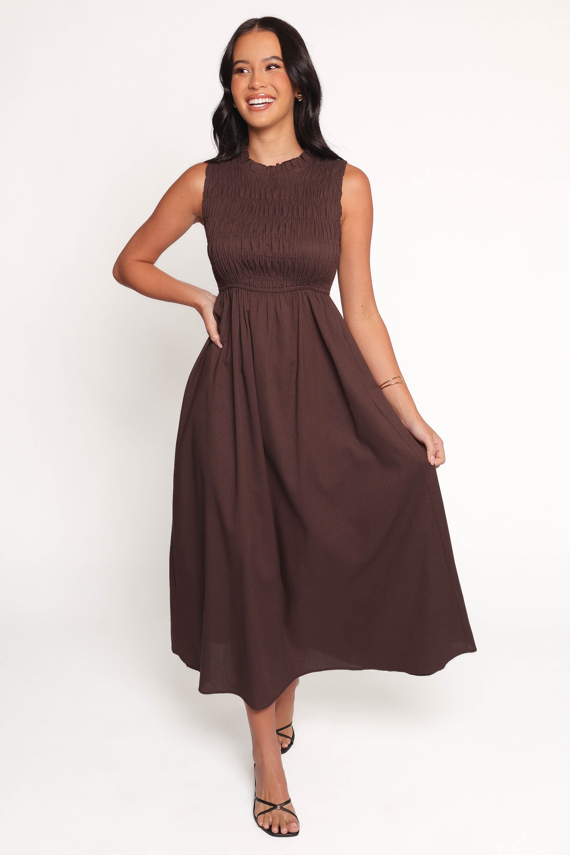 princess polly baby blue dress Arra Chiffon And Lace Halter Maxi Dress - Cacao Brown