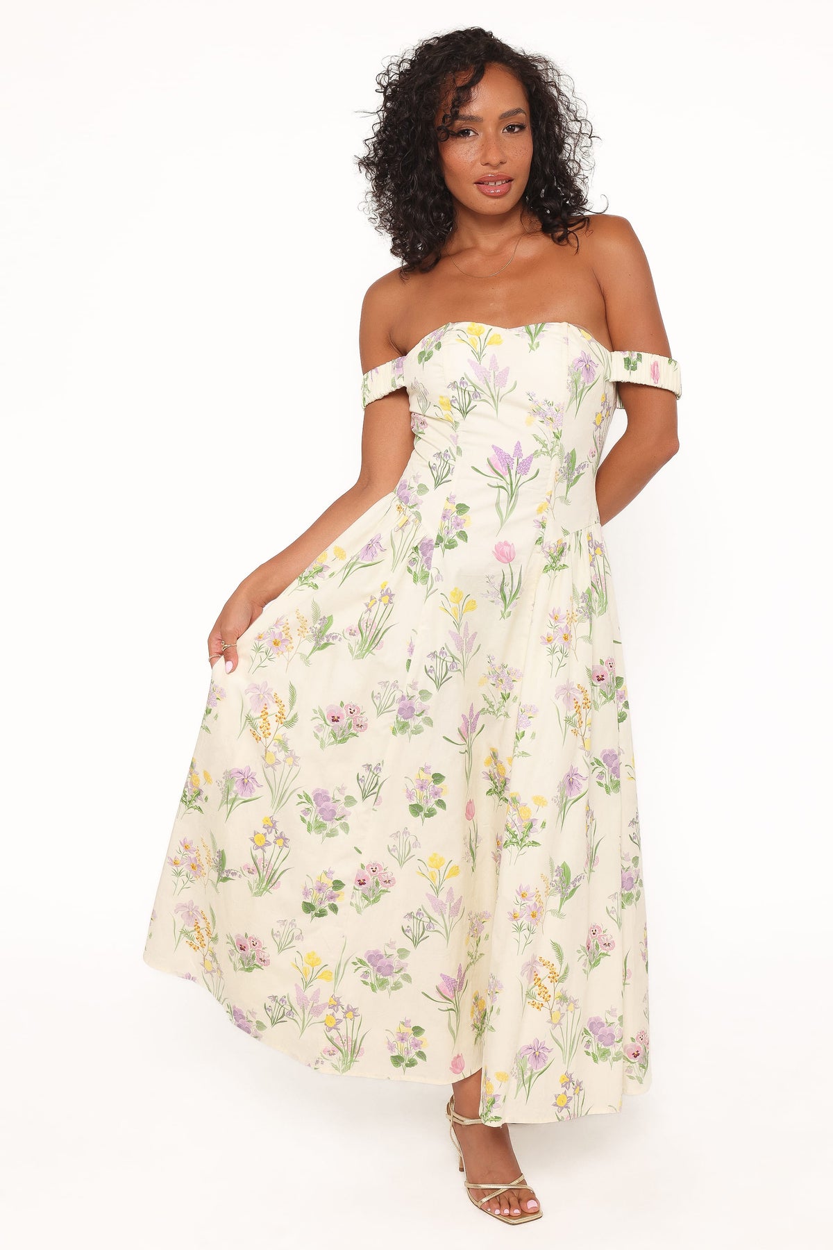 lavender off the shoulder dress Larni Off Shoulder Midi Dress - Lavender Multi