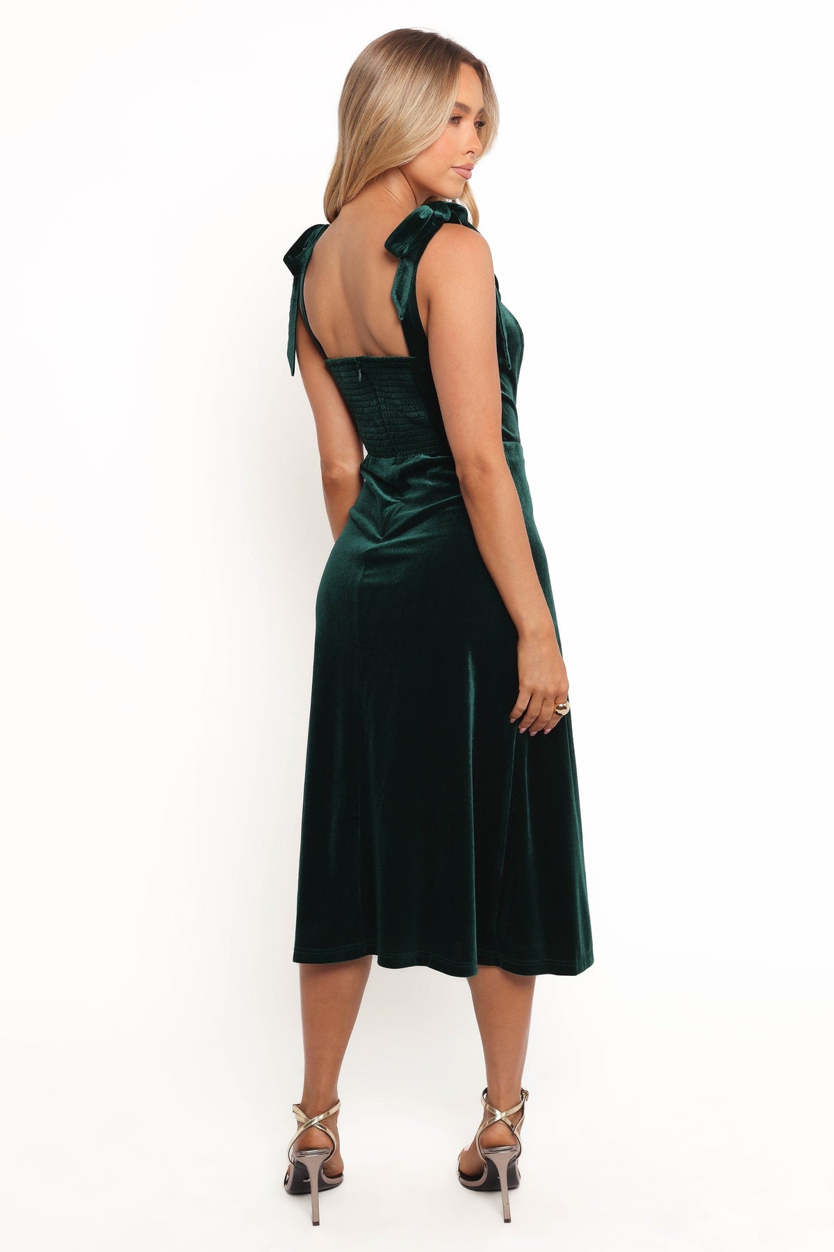 lauriell emerald green wrap front midi dress Petal and Pup Women's Laurel Velvet Midi Dress