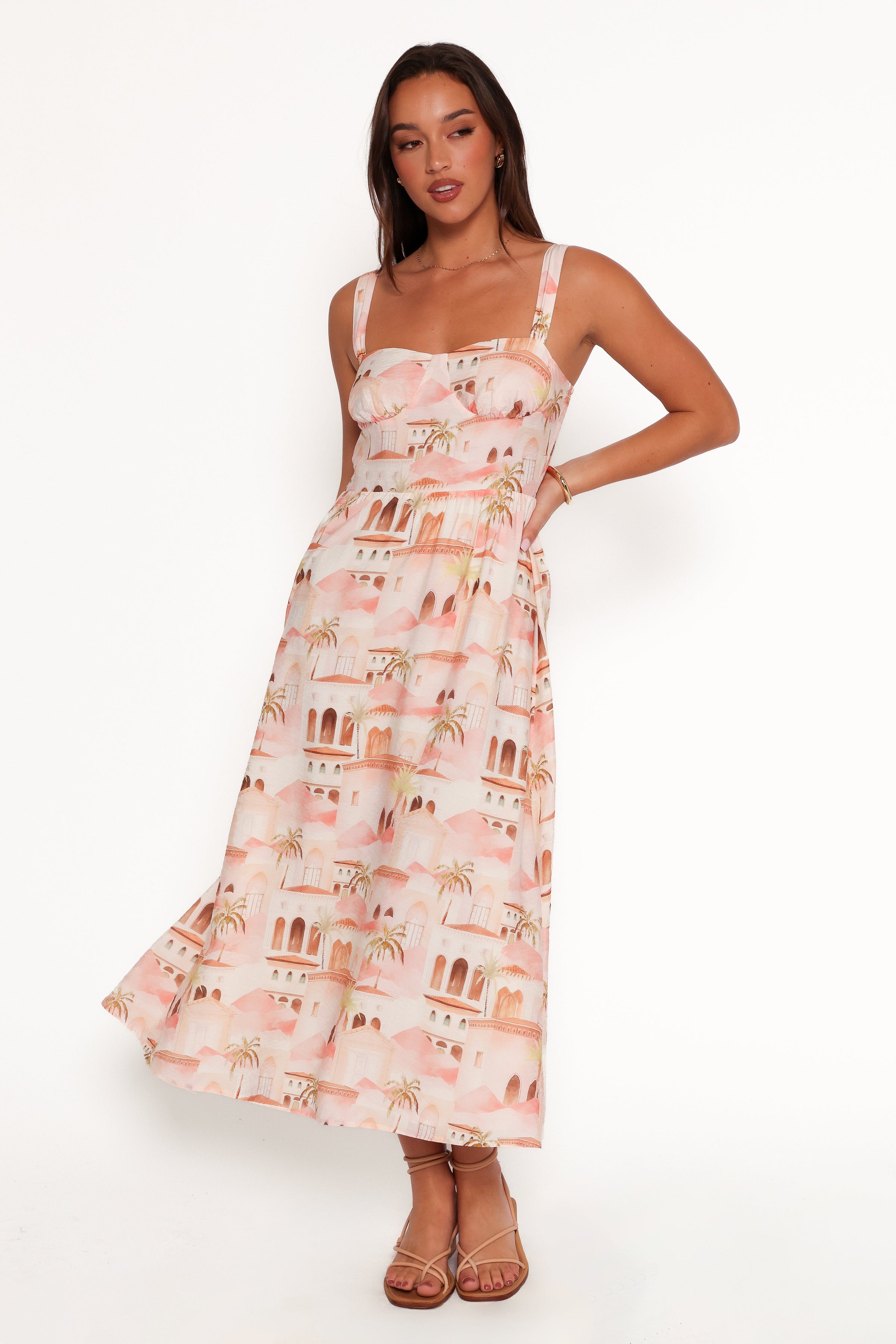 Petal and Pup USA DRESSES Laurette Midi Dress - Tan Print (Hold for Amazon)