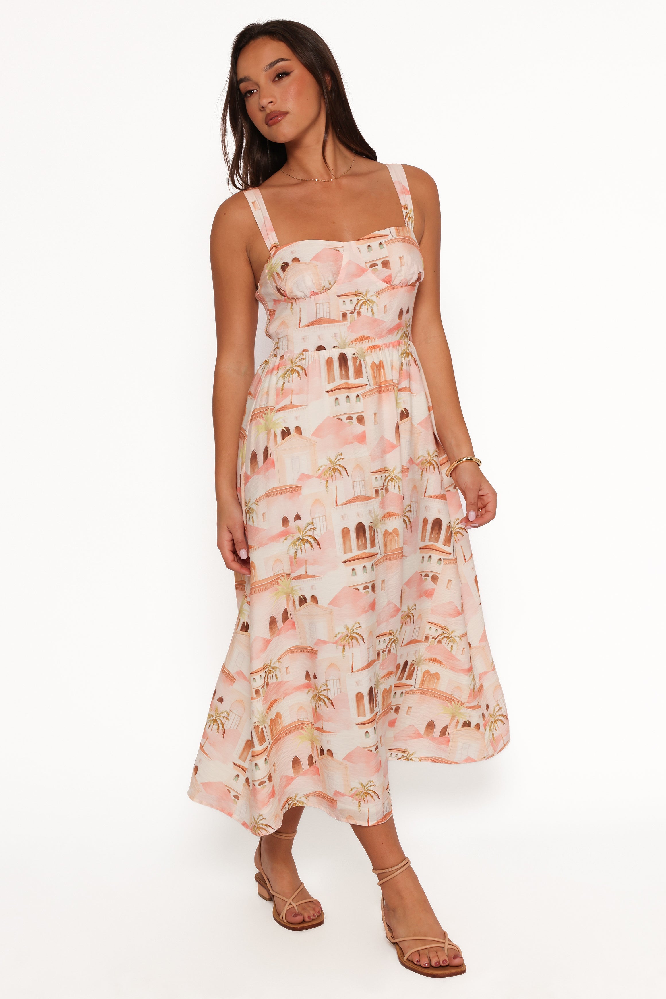 Petal and Pup USA DRESSES Laurette Midi Dress - Tan Print (Hold for Amazon)