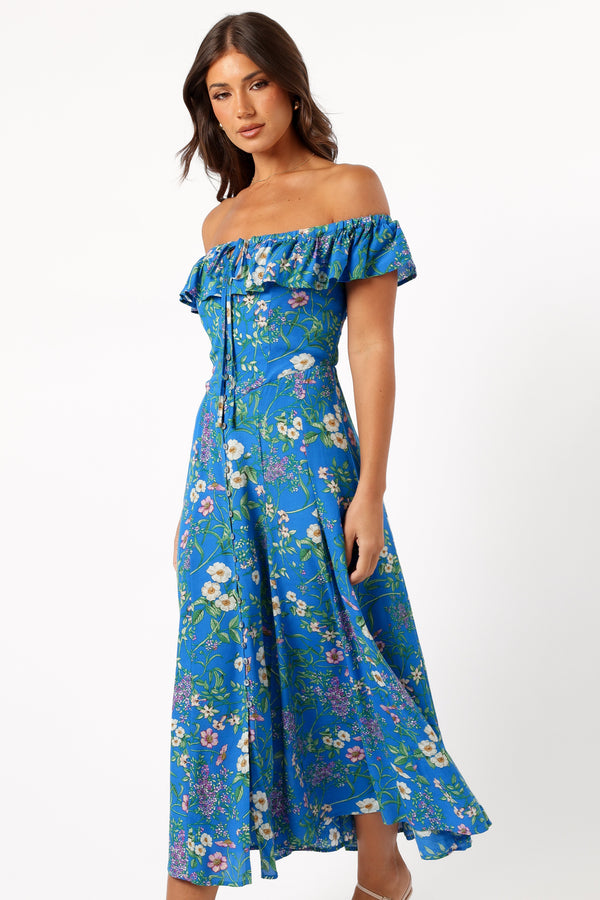 Petal and Pup USA DRESSES Lauryn Off The Shoulder Midi Dress - Blue Ivy