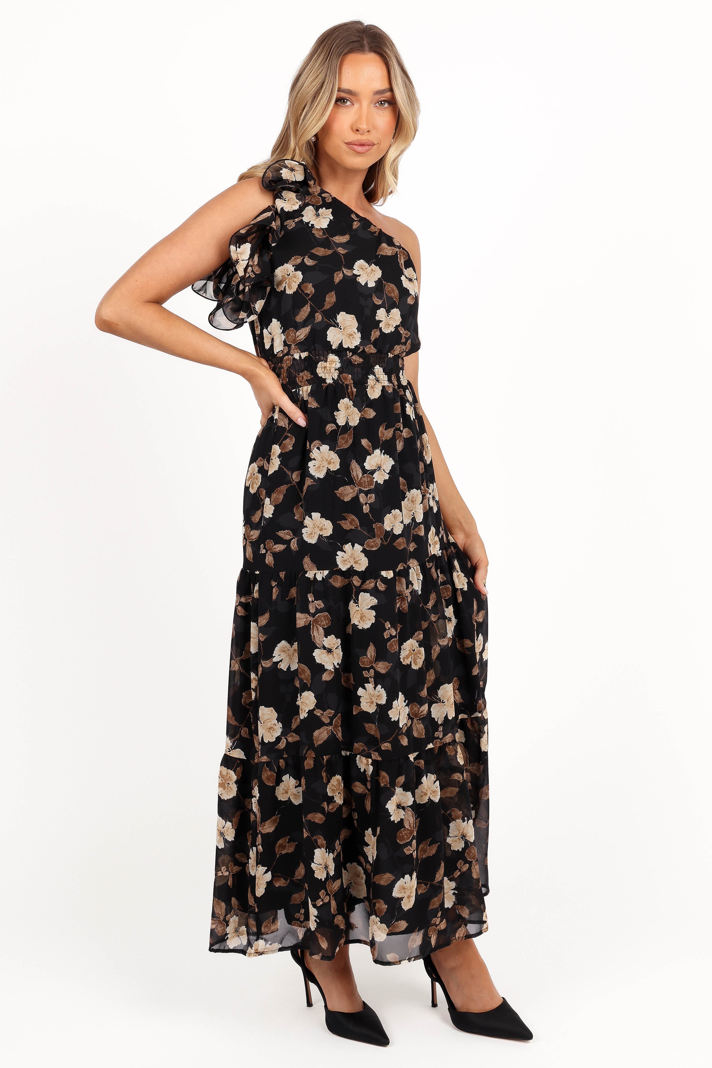 Petal and Pup USA DRESSES Layley One Shoulder Maxi Dress - Black Floral