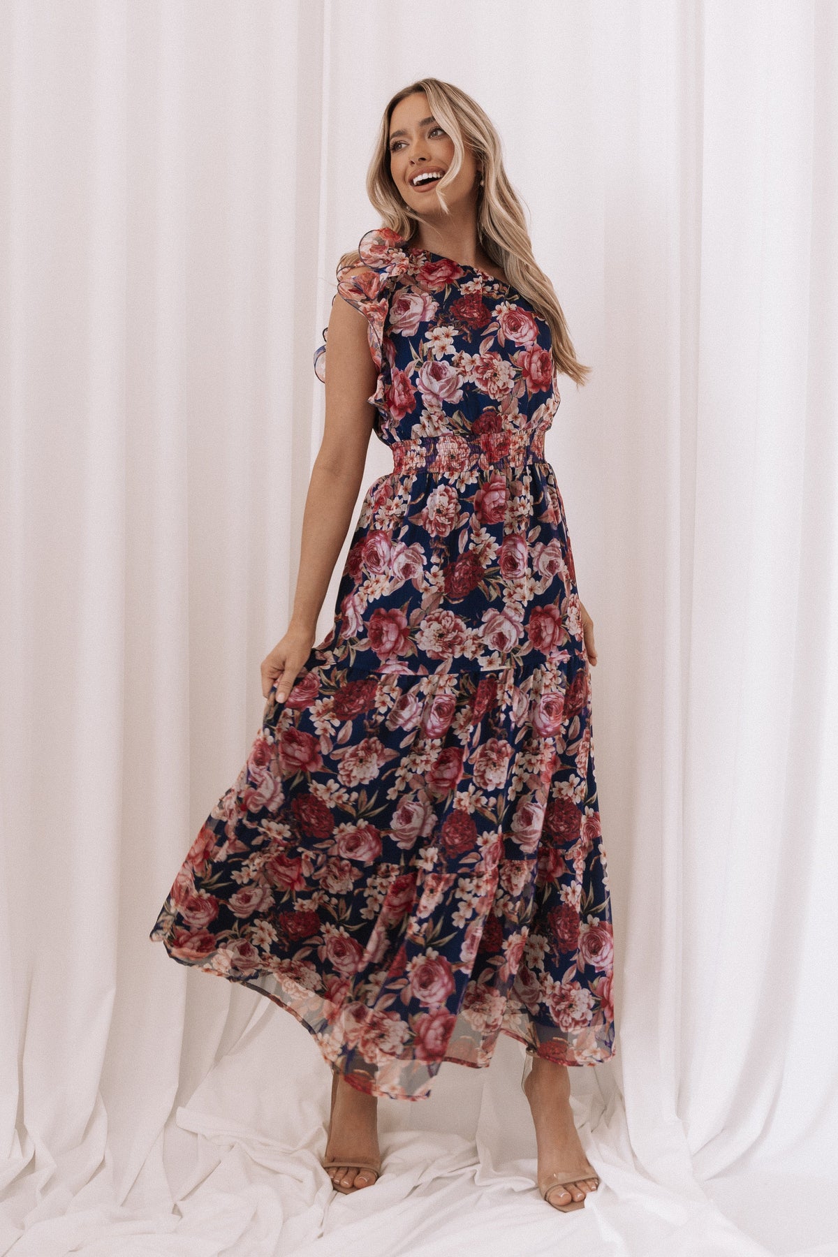 navy floral off the shoulder maxi dress Layley One Shoulder Maxi Dress - Navy Floral