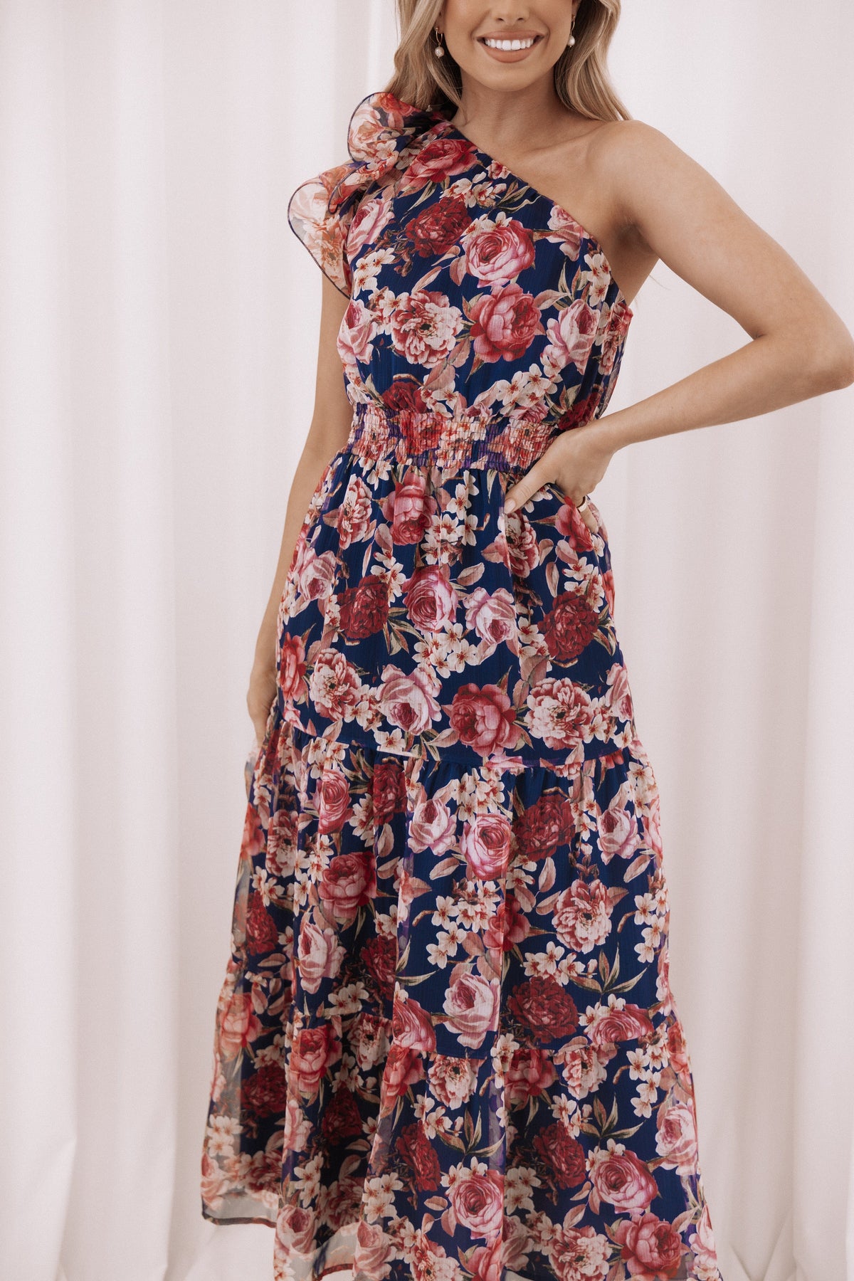 navy floral off the shoulder maxi dress Layley One Shoulder Maxi Dress - Navy Floral
