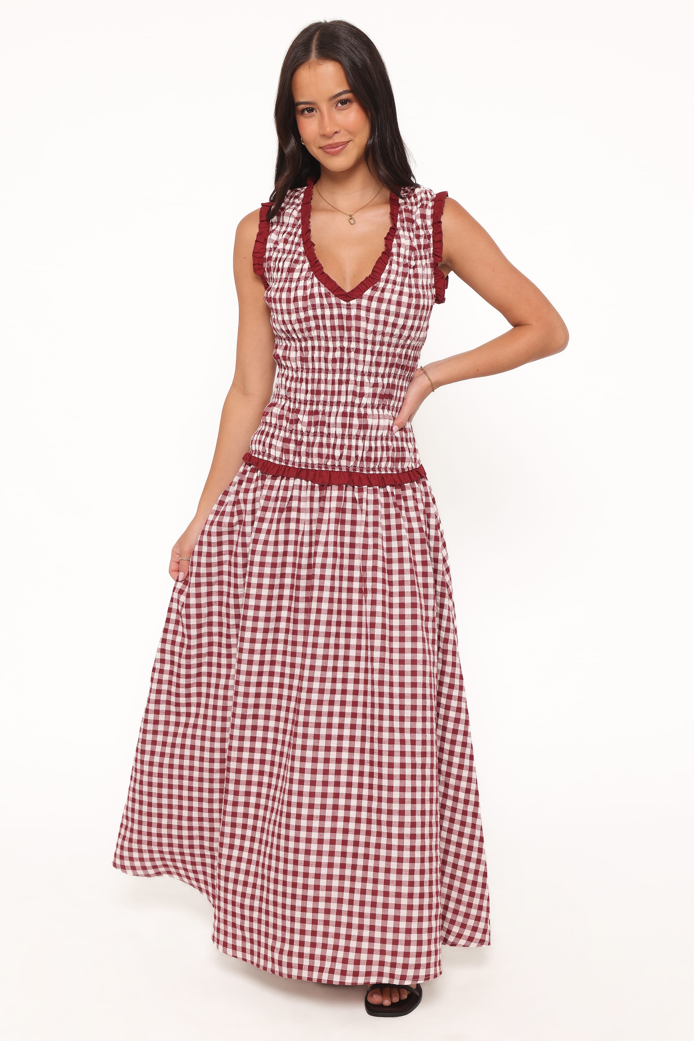 Petal and Pup USA DRESSES Leabrook Maxi Dress - Burgundy Gingham