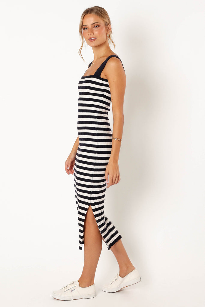 Navy striped midi dress sale