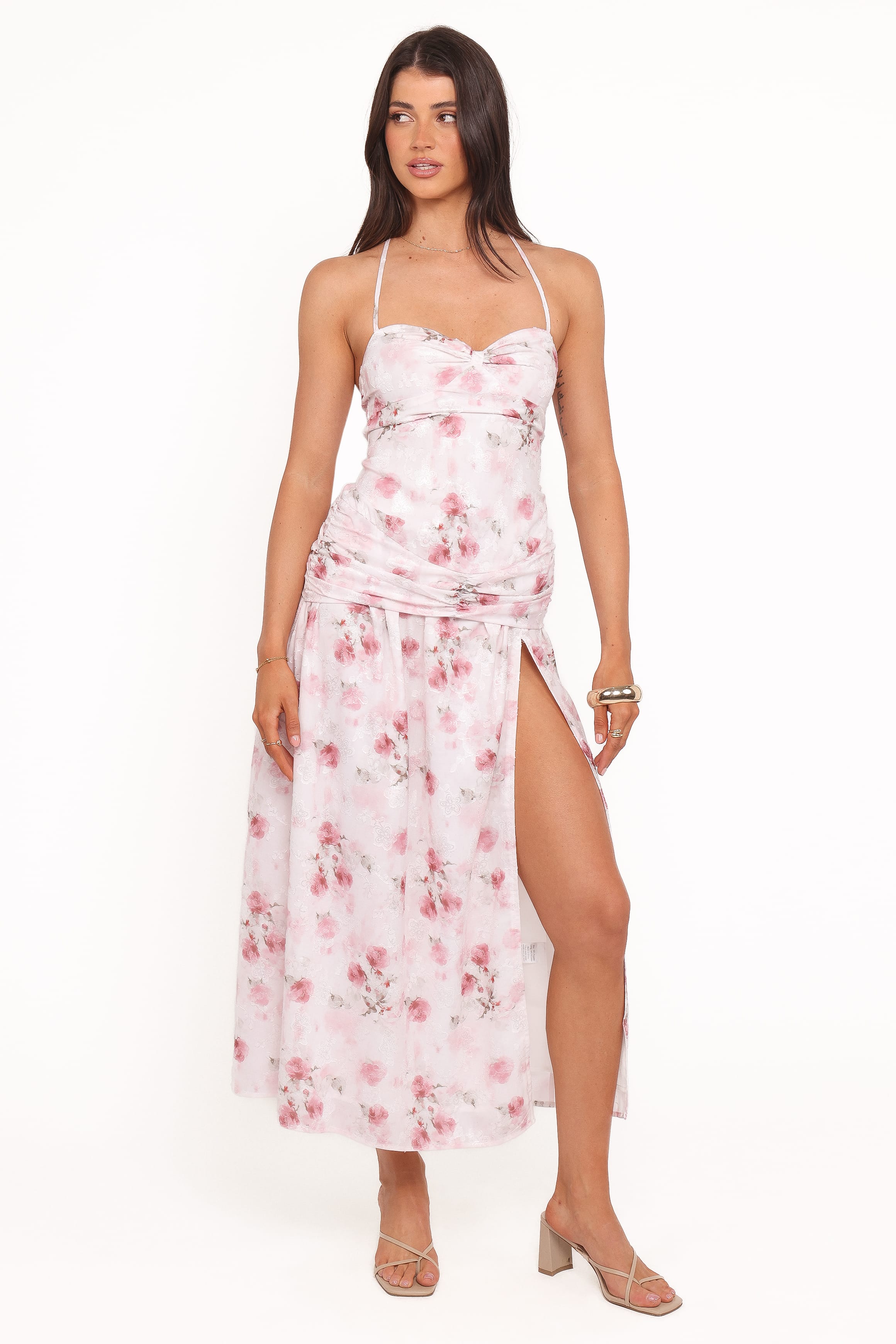 Petal and Pup USA DRESSES Lelia Halterneck Midi Dress - Pink Floral