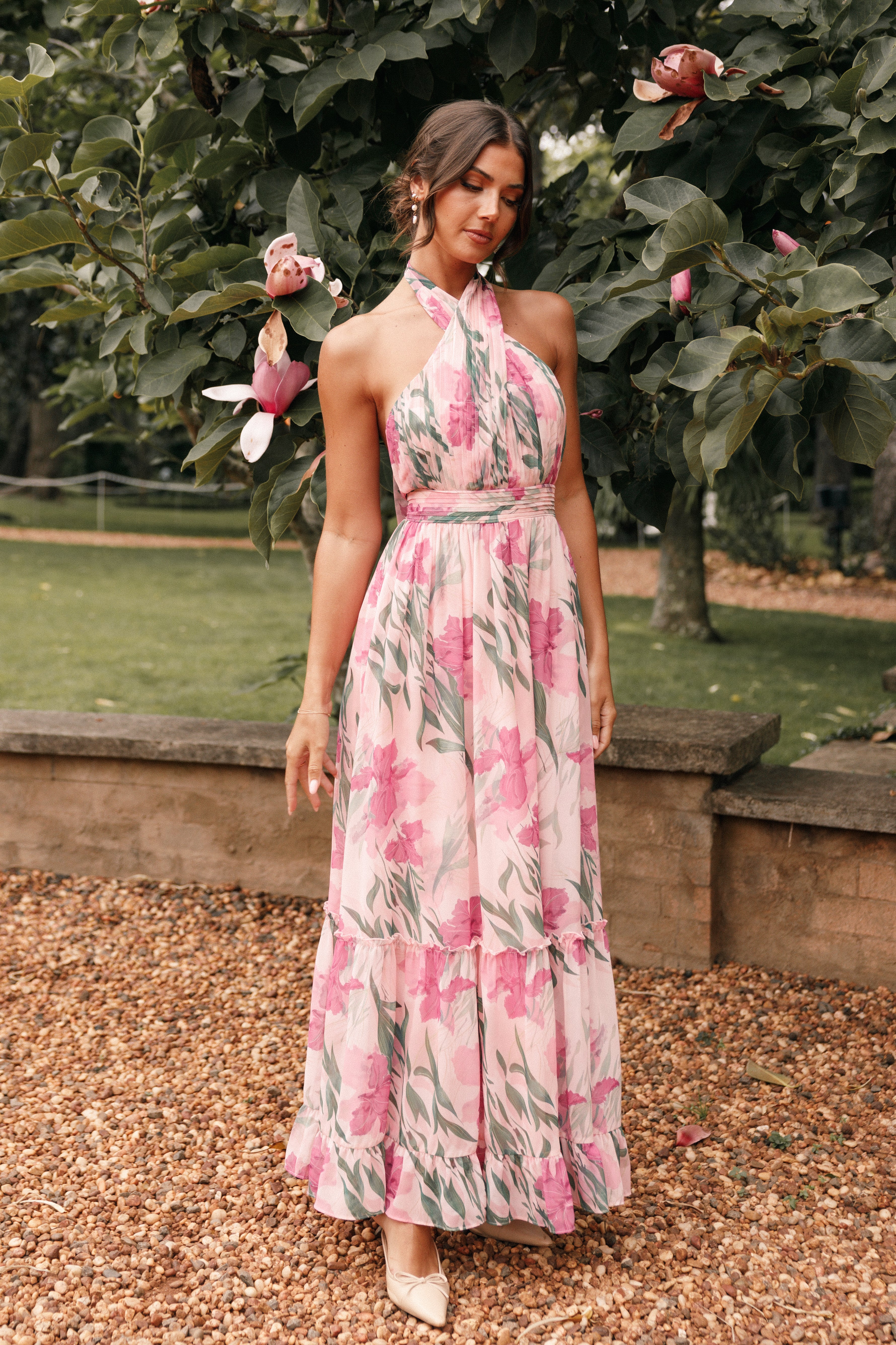 Pink floral halter dress best sale