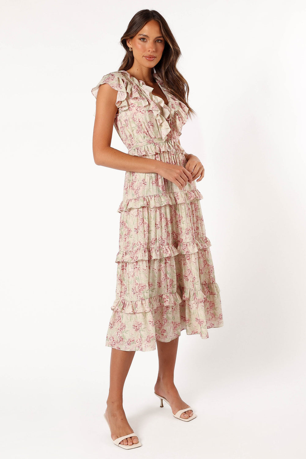 Petal and Pup USA DRESSES Levelle Midi Ruffle Dress - Ivory/Red Green Floral