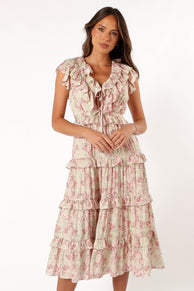 Petal and Pup USA DRESSES Levelle Midi Ruffle Dress - Ivory/Red Green Floral