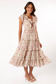 Petal and Pup USA DRESSES Levelle Midi Ruffle Dress - Ivory/Red Green Floral