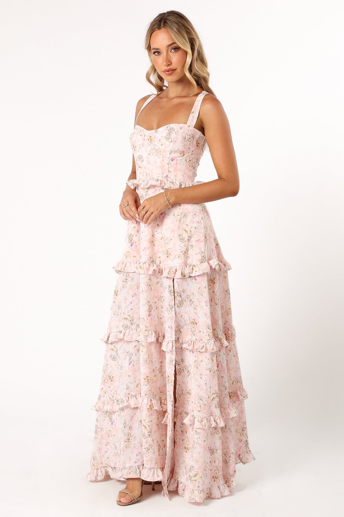 slim fit dress slacks White And Salmon Floral Maxi Dress With Lace Back main image 0