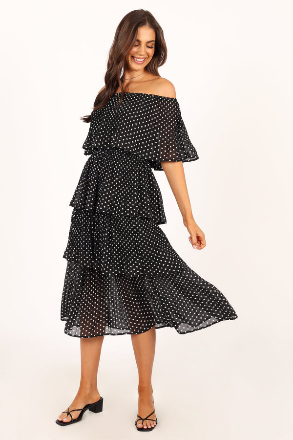 Petal and Pup USA DRESSES Lilli Tiered Midi Dress - Black White Polka Dot