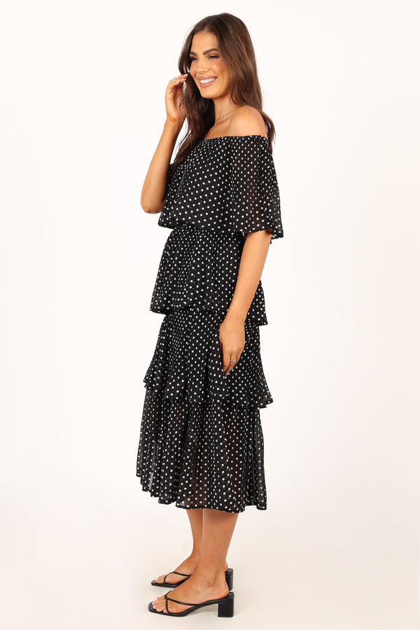 Petal and Pup USA DRESSES Lilli Tiered Midi Dress - Black White Polka Dot