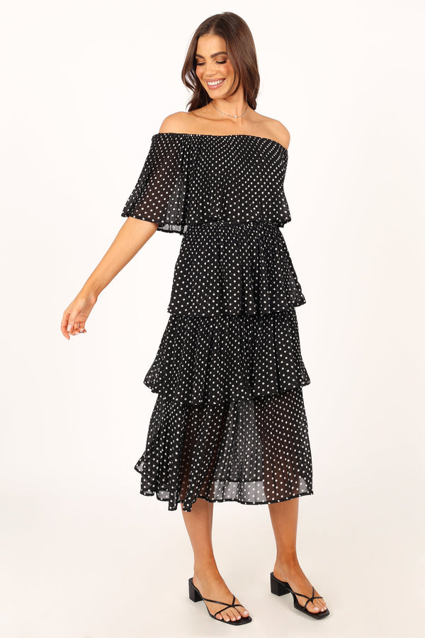 Petal and Pup USA DRESSES Lilli Tiered Midi Dress - Black White Polka Dot