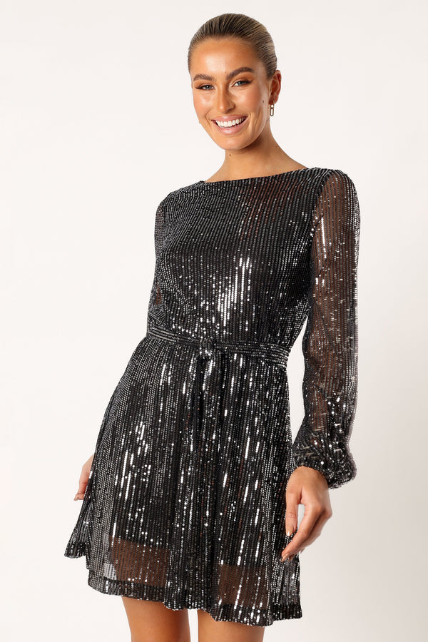 Petal and Pup USA DRESSES Linnie Long Sleeve Mini Dress - Black Sequin