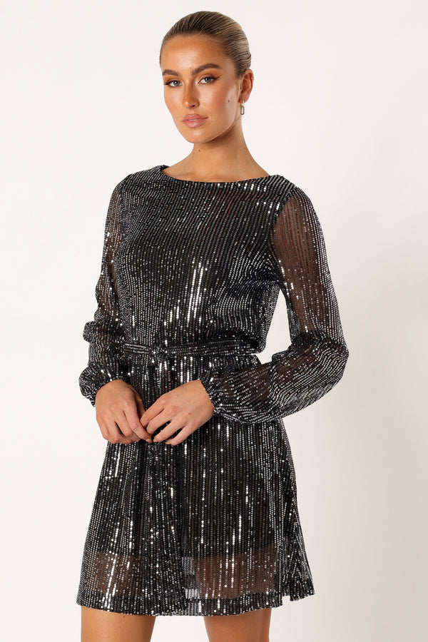 Petal and Pup USA DRESSES Linnie Long Sleeve Mini Dress - Black Sequin