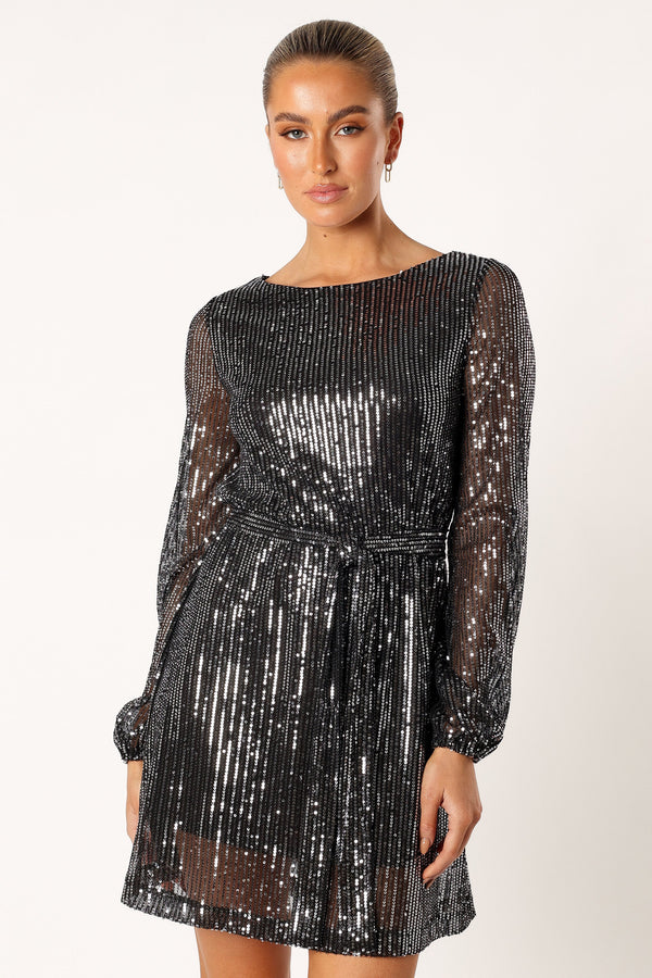 Petal and Pup USA DRESSES Linnie Long Sleeve Mini Dress - Black Sequin