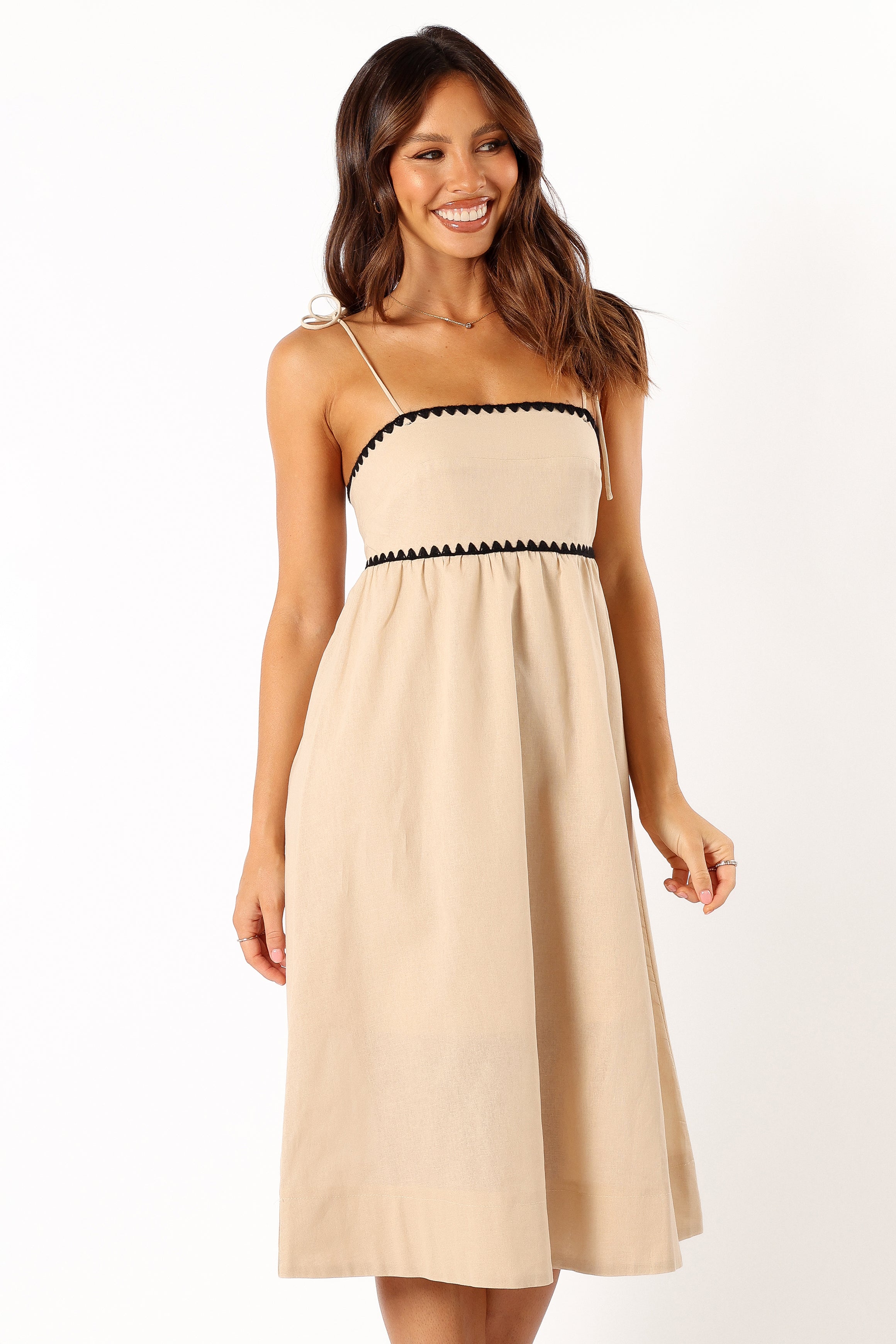 Petal and Pup USA DRESSES Lino Contrast Trim Midi Dress - Cream Black