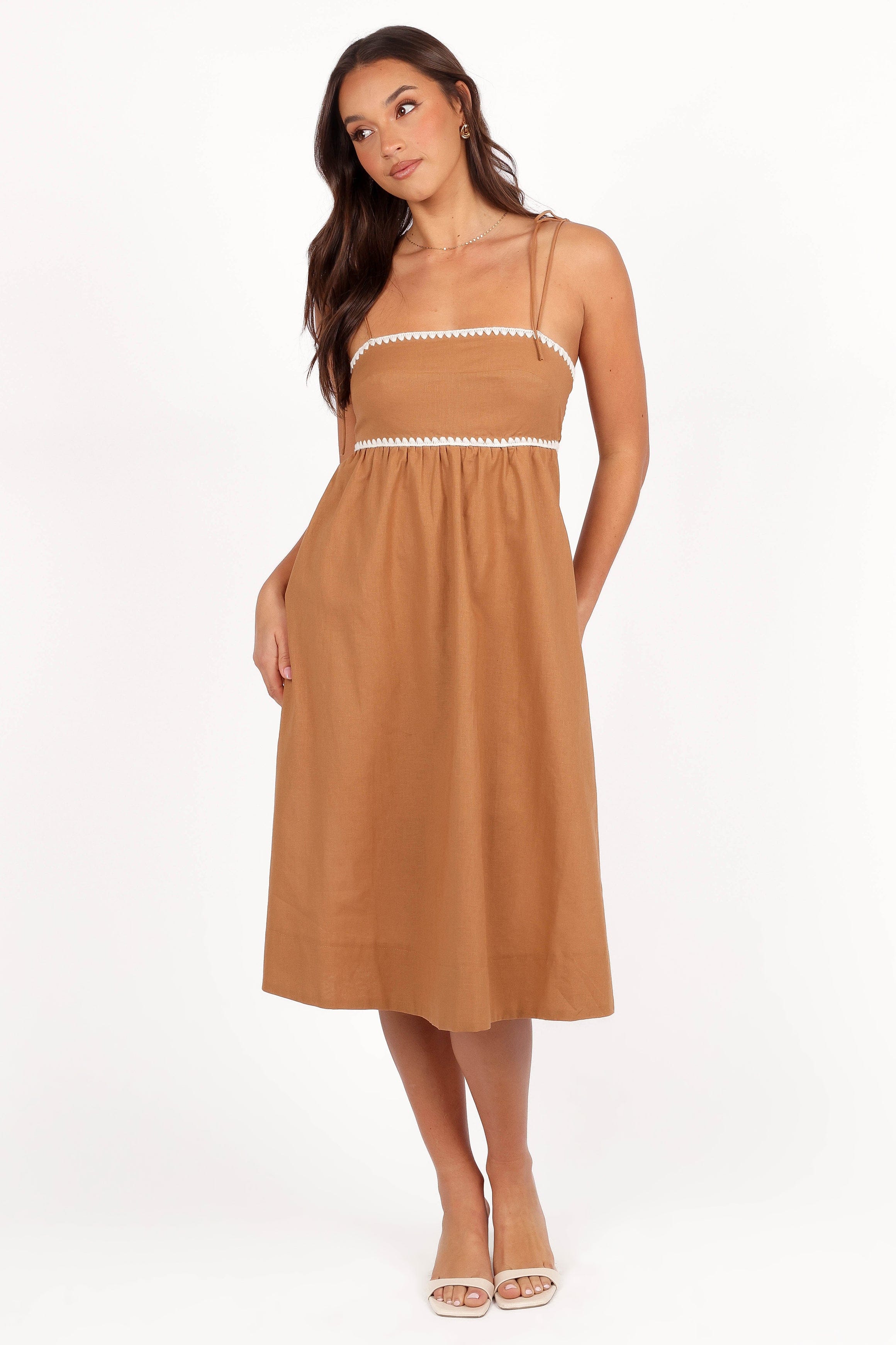 Petal and Pup USA DRESSES Lino Contrast Trim Midi Dress - Tan White (Hold for Rack)
