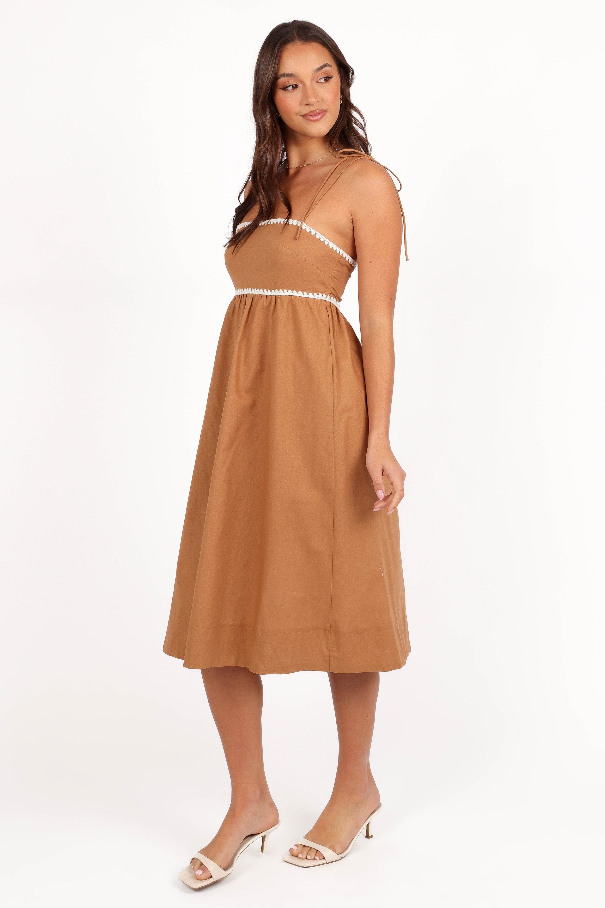 Petal and Pup USA DRESSES Lino Contrast Trim Midi Dress - Tan White (Hold for Rack)