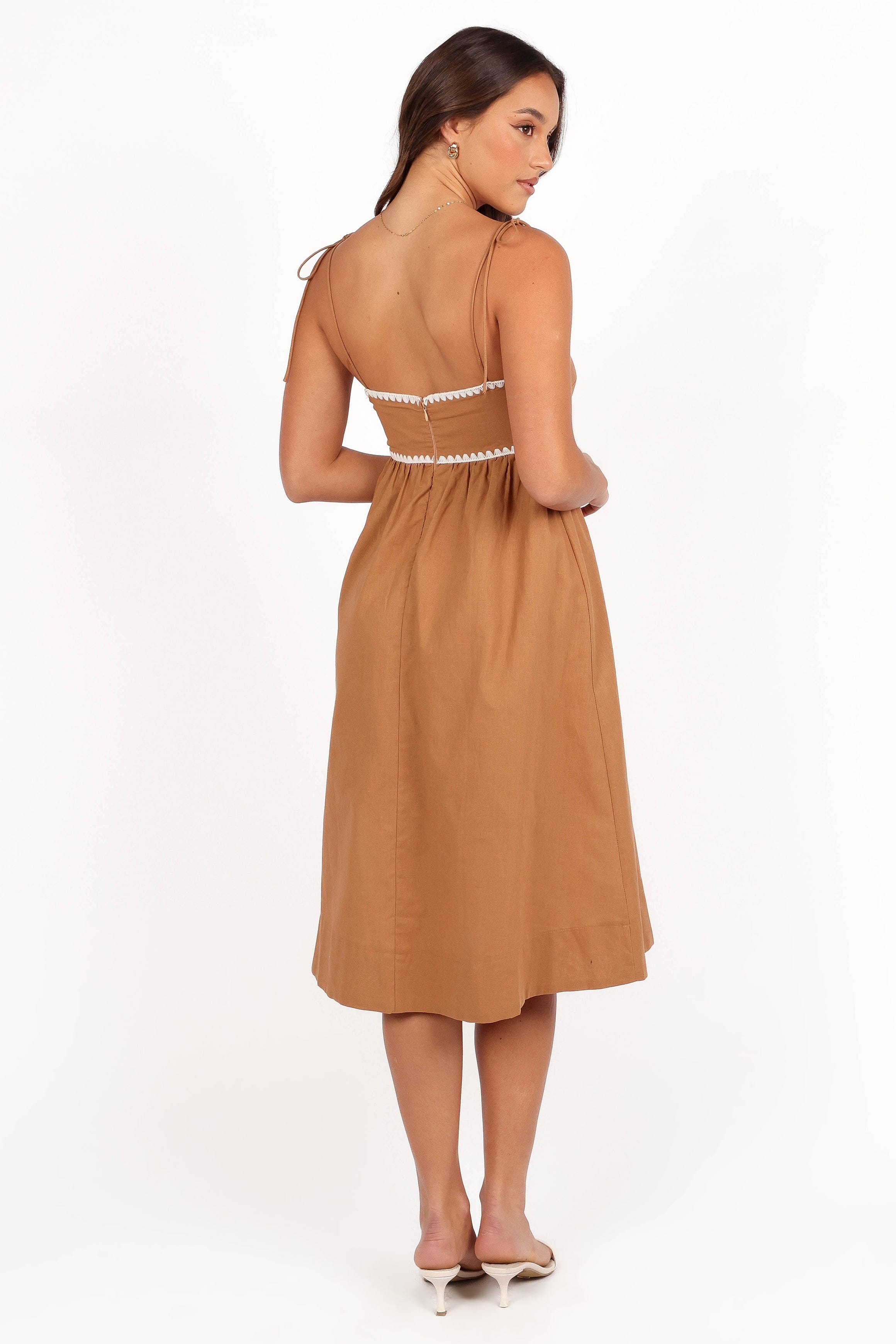 Petal and Pup USA DRESSES Lino Contrast Trim Midi Dress - Tan White (Hold for Rack)