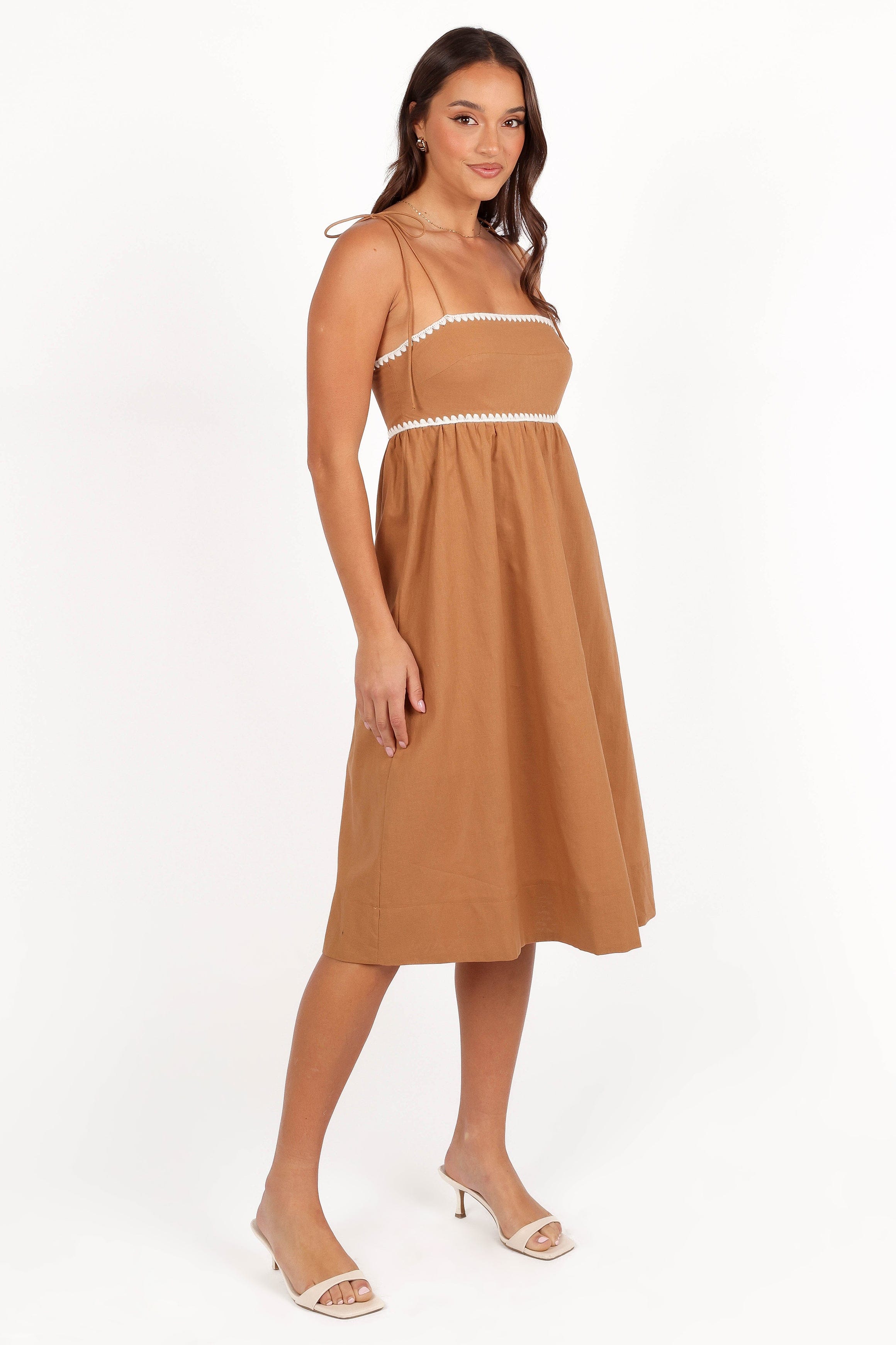 Petal and Pup USA DRESSES Lino Contrast Trim Midi Dress - Tan White (Hold for Rack)